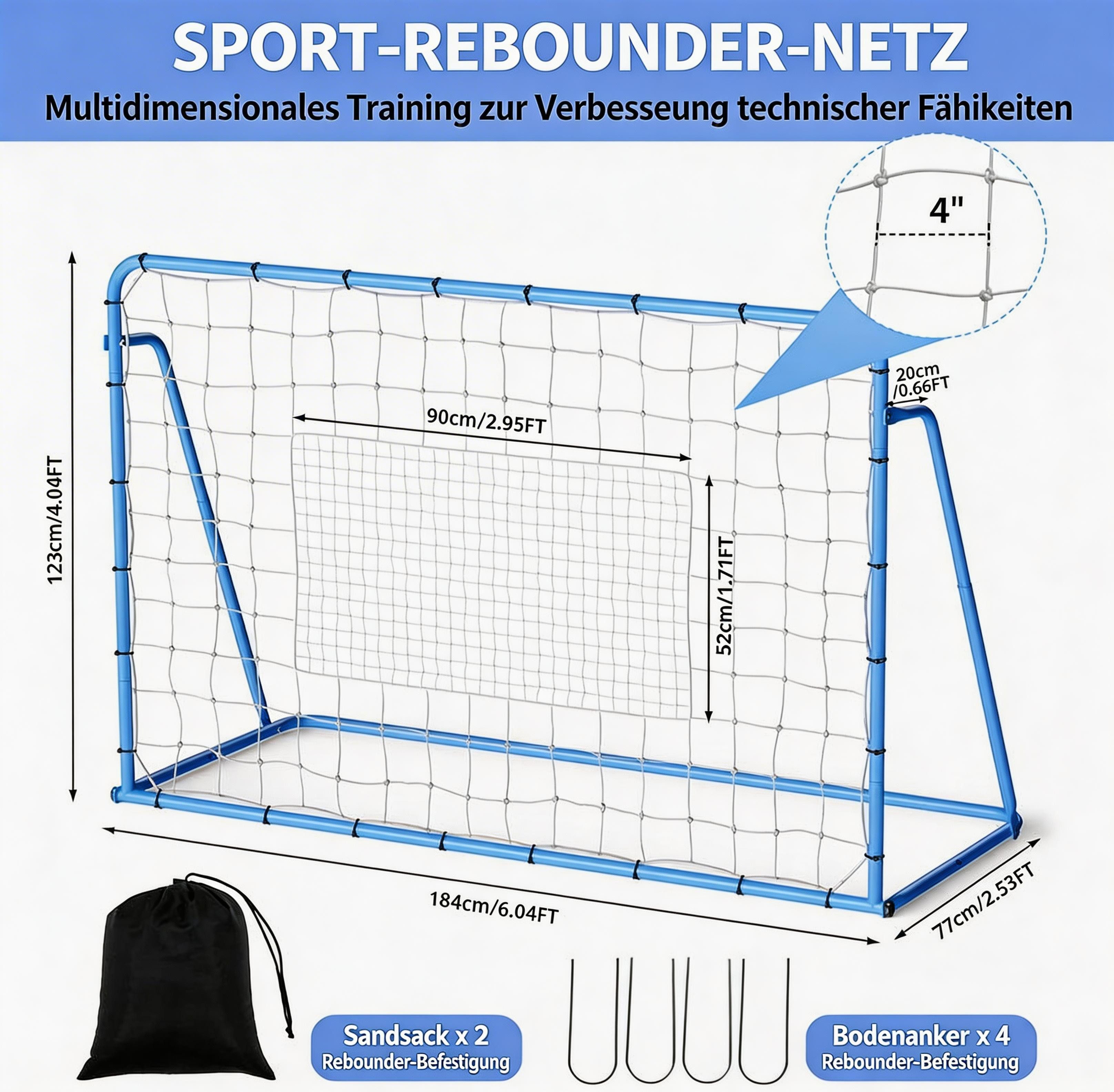 GarveeMore Rebounder 184 x 123cm / 100 x 100cm, Fußball-Rebound-Netz, Verstellbar
