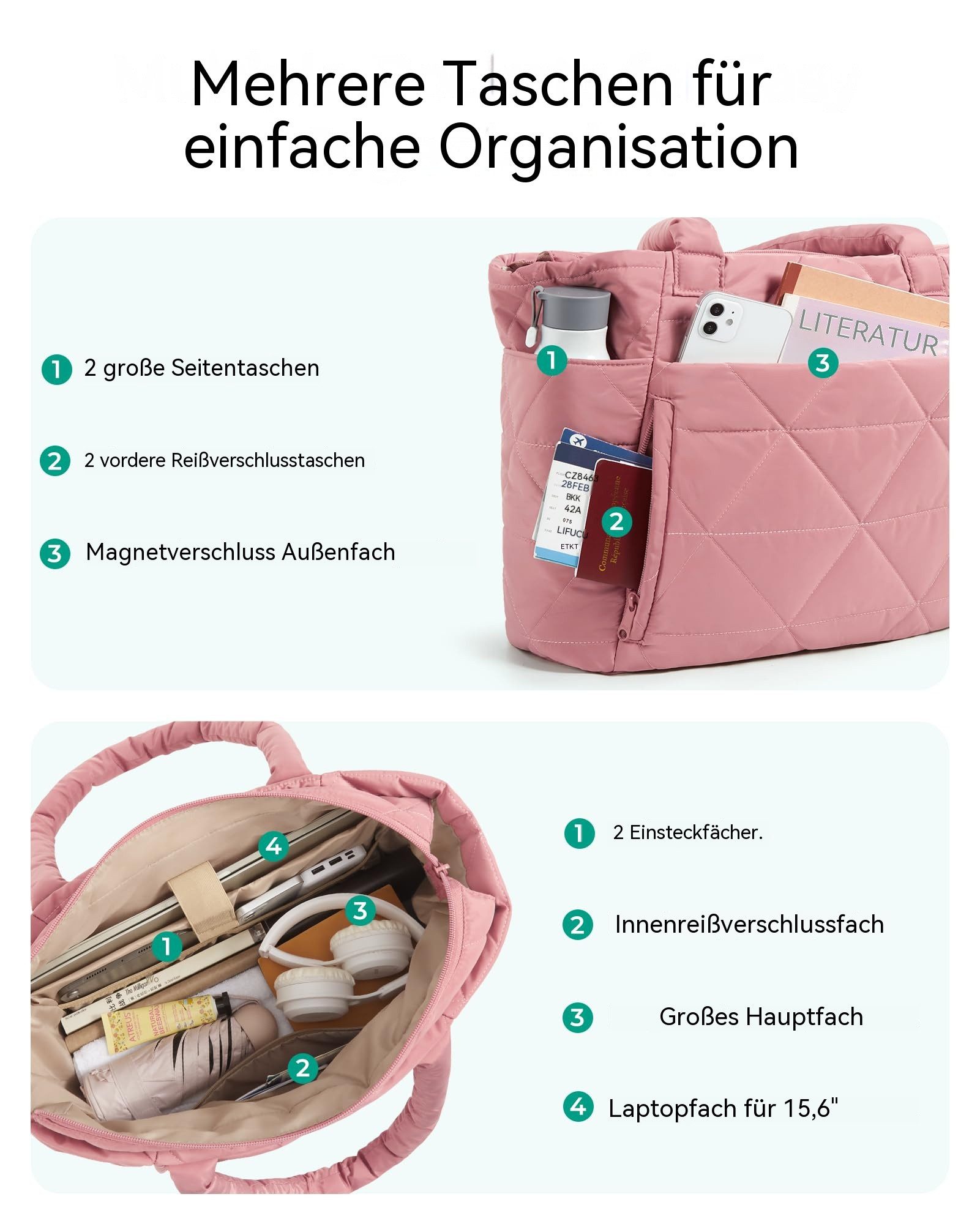 nsihing Schultertasche Handtasche damen Umhängetaschen crossbody bag, Große Stepp-Tasche mit Reißverschluss und mehreren Fächern – Bild 4 von 5