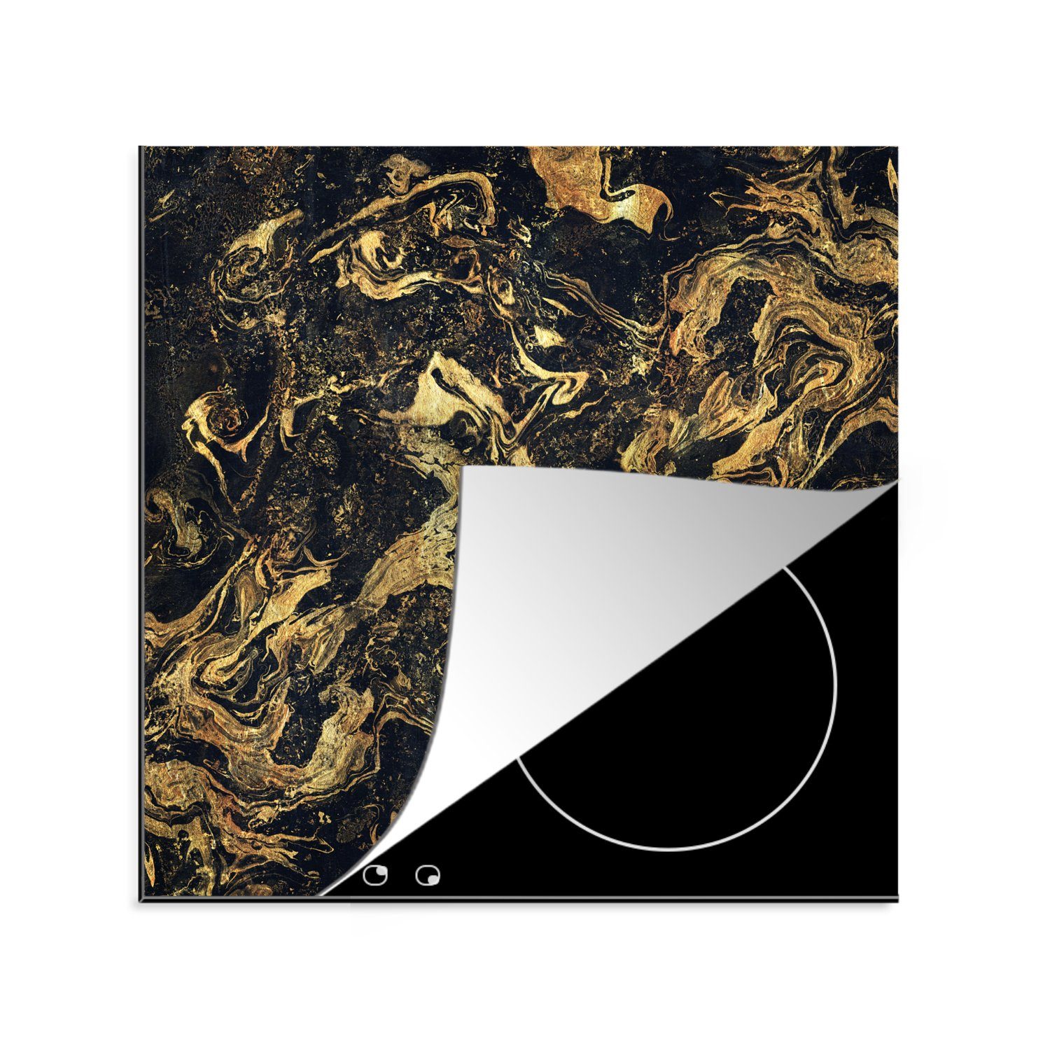 MuchoWow Herdblende-/Abdeckplatte Nahaufnahme von Gold mit schwarzem Marmor Natur, Vinyl, (1 tlg), 78x78 cm, Ceranfeldabdeckung, Arbeitsplatte für küche