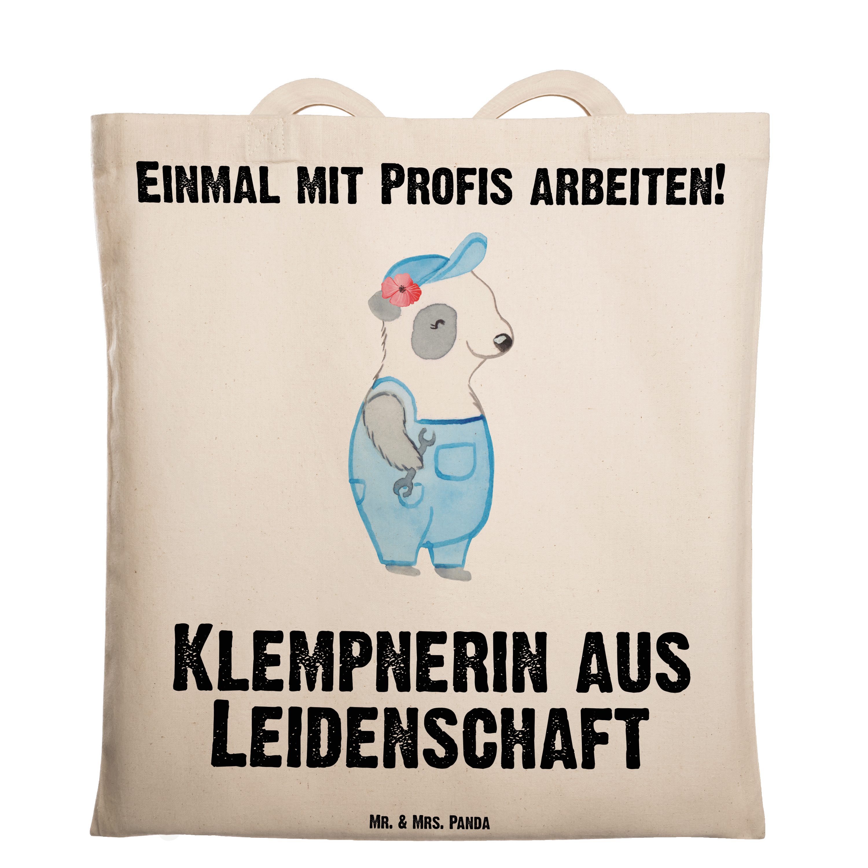 Mr. & Mrs. Panda Tragetasche Klempnerin aus Leidenschaft - Transparent - Geschenk, Beuteltasche, H (1-tlg)