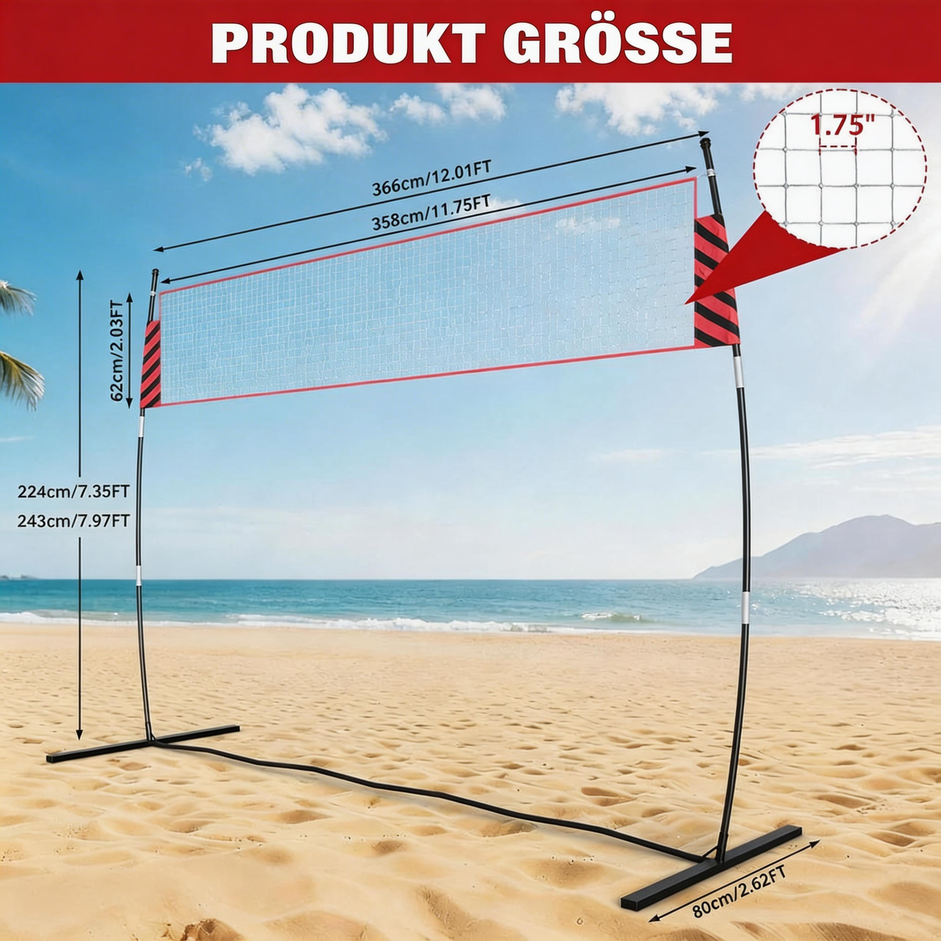 GarveeMore Volleyballnetz für Garten, 366 cm Höhenverstellbares Übungsnetz für Strand