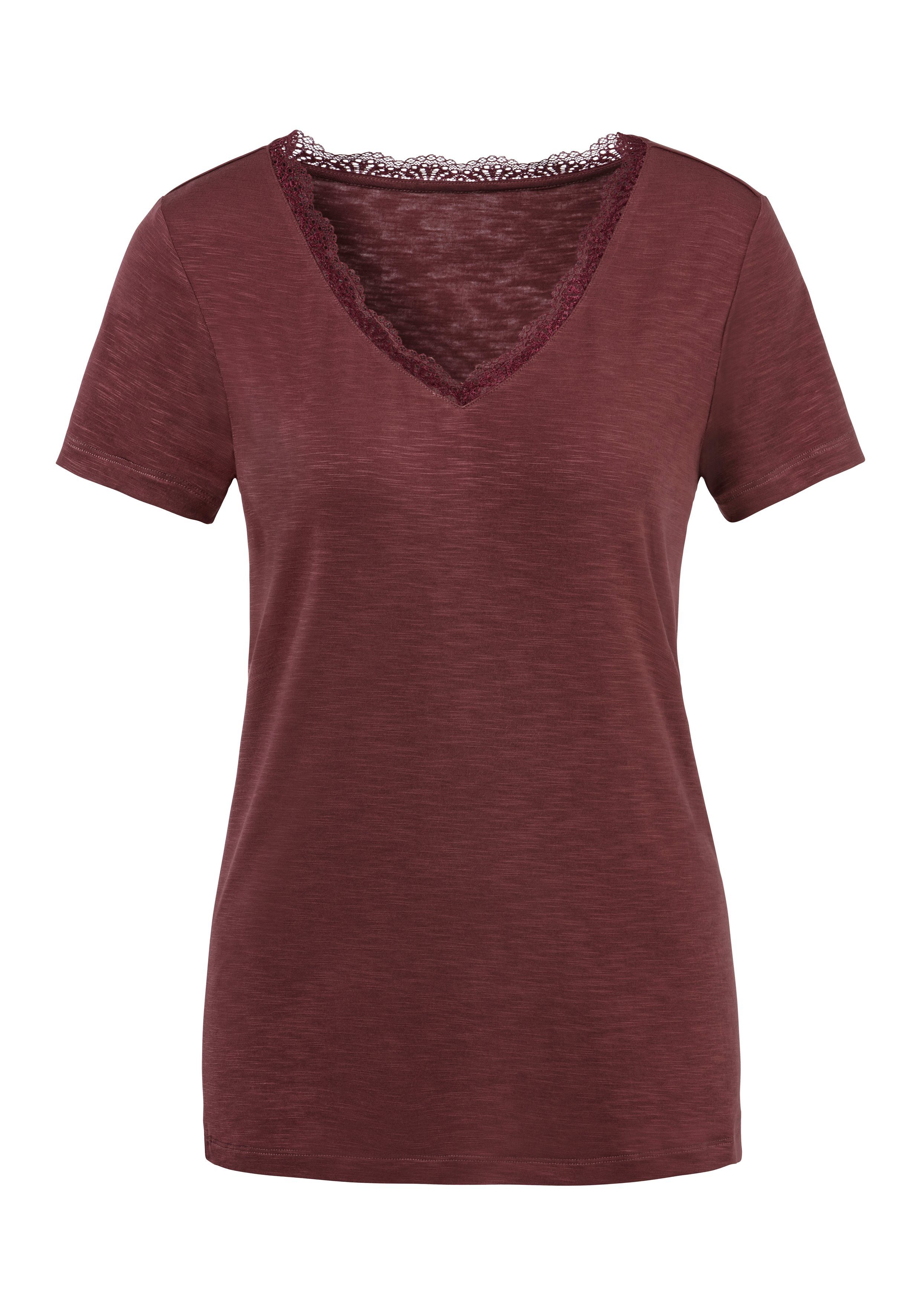 LASCANA T-Shirt 2-tlg) am Spitze Ausschnitt mit rose zarter (Packung, aubergine