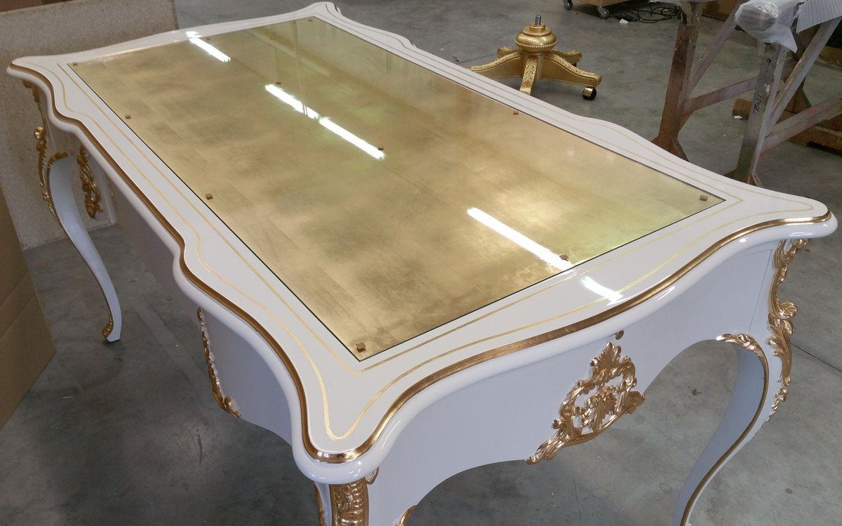 - - Luxus Büromöbel mit Made Italy Barock Gold in Schreibtisch Barock Massivholz Prunkvoller - Glasplatte Padrino Schreibtisch Qualität handgefertigter / Casa - Weiß Bürotisch Luxus