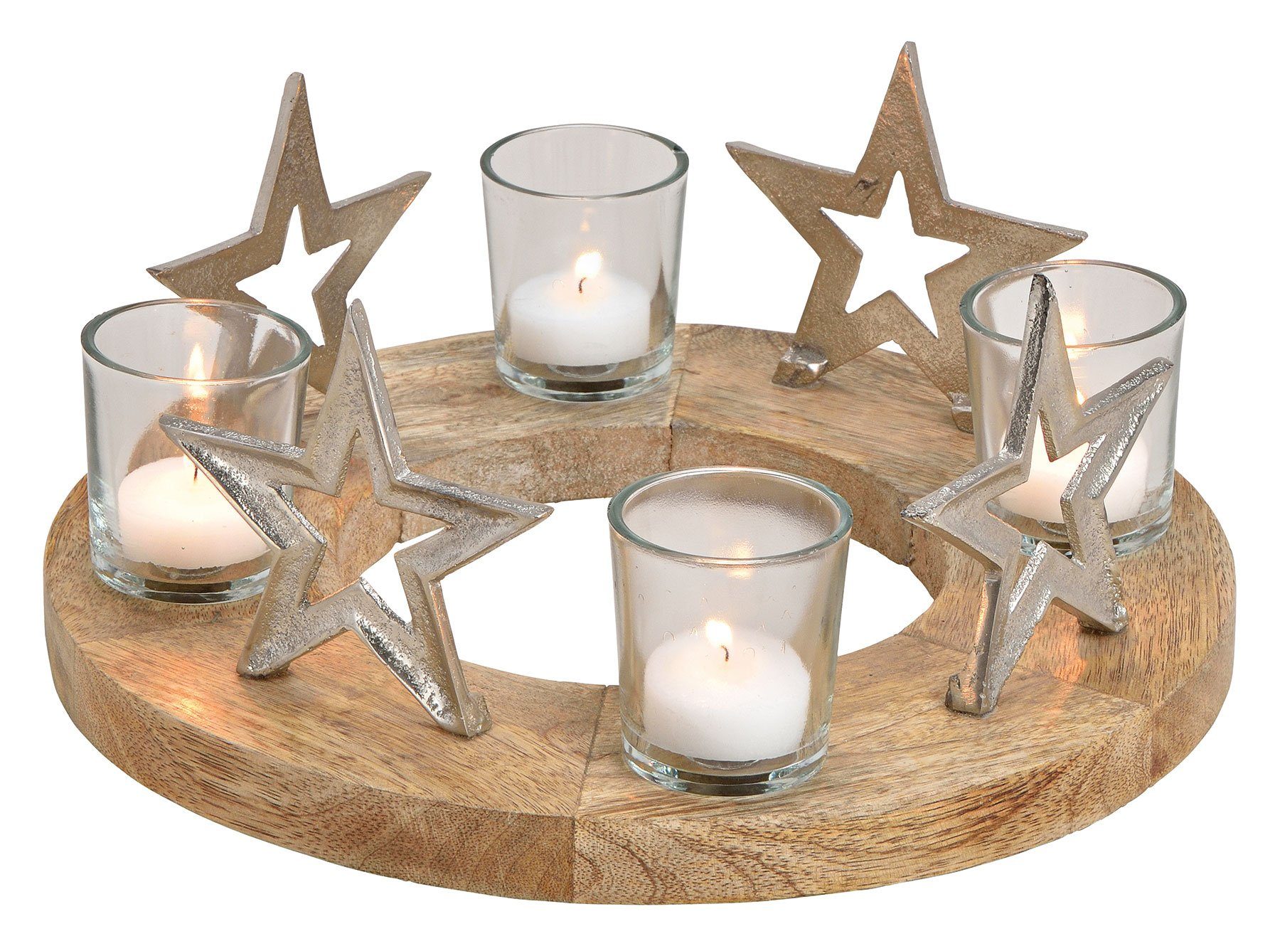 Levandeo® Adventskranz, Adventskranz ø30cm Mango Holz Silber Natur Kerzenhalter Sterne Variante 1