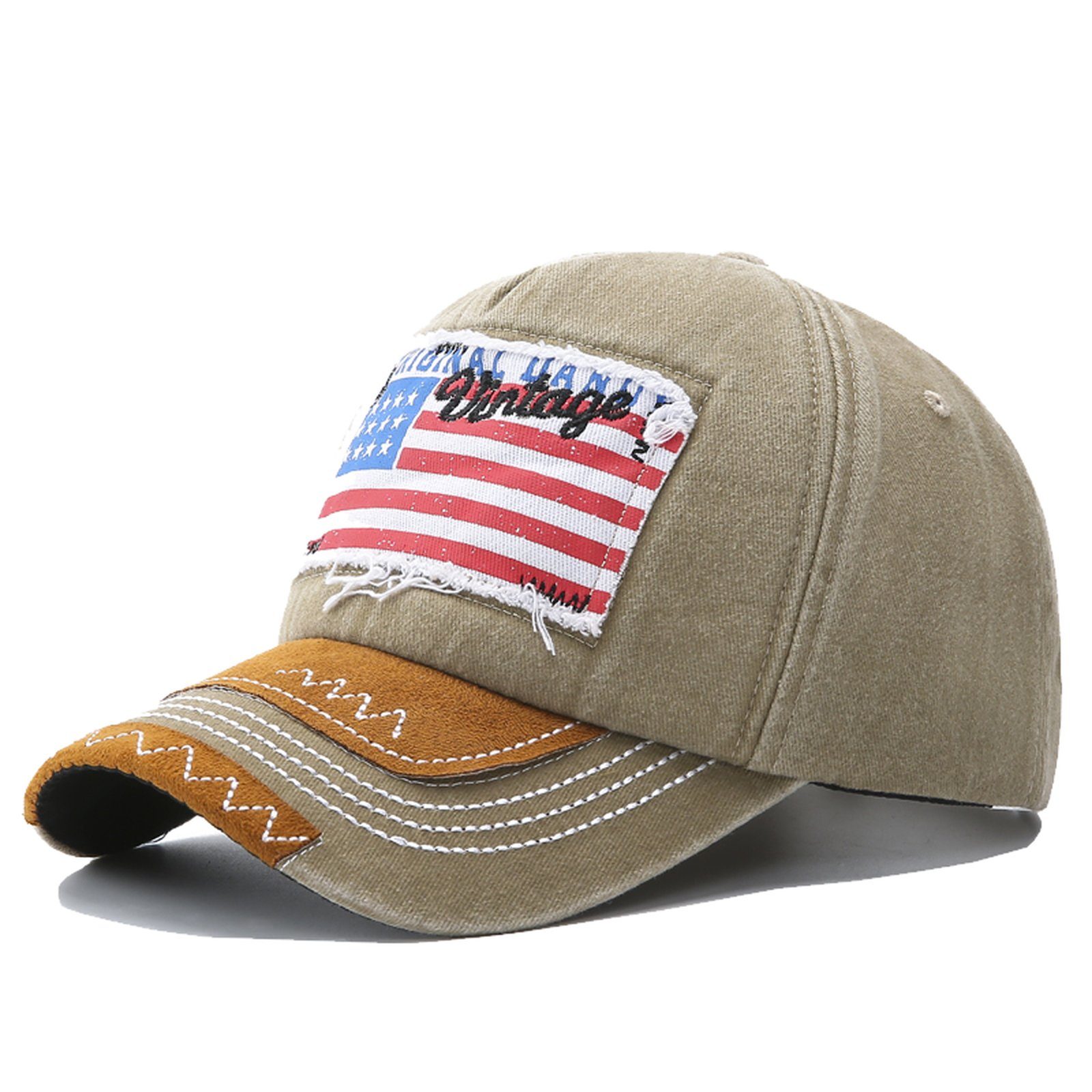 Sporty Baseball Cap U.S.A. Flag Fahne Vintage USA Basic Retro Amerika Baseballcap mit Belüftungslöchern khaki