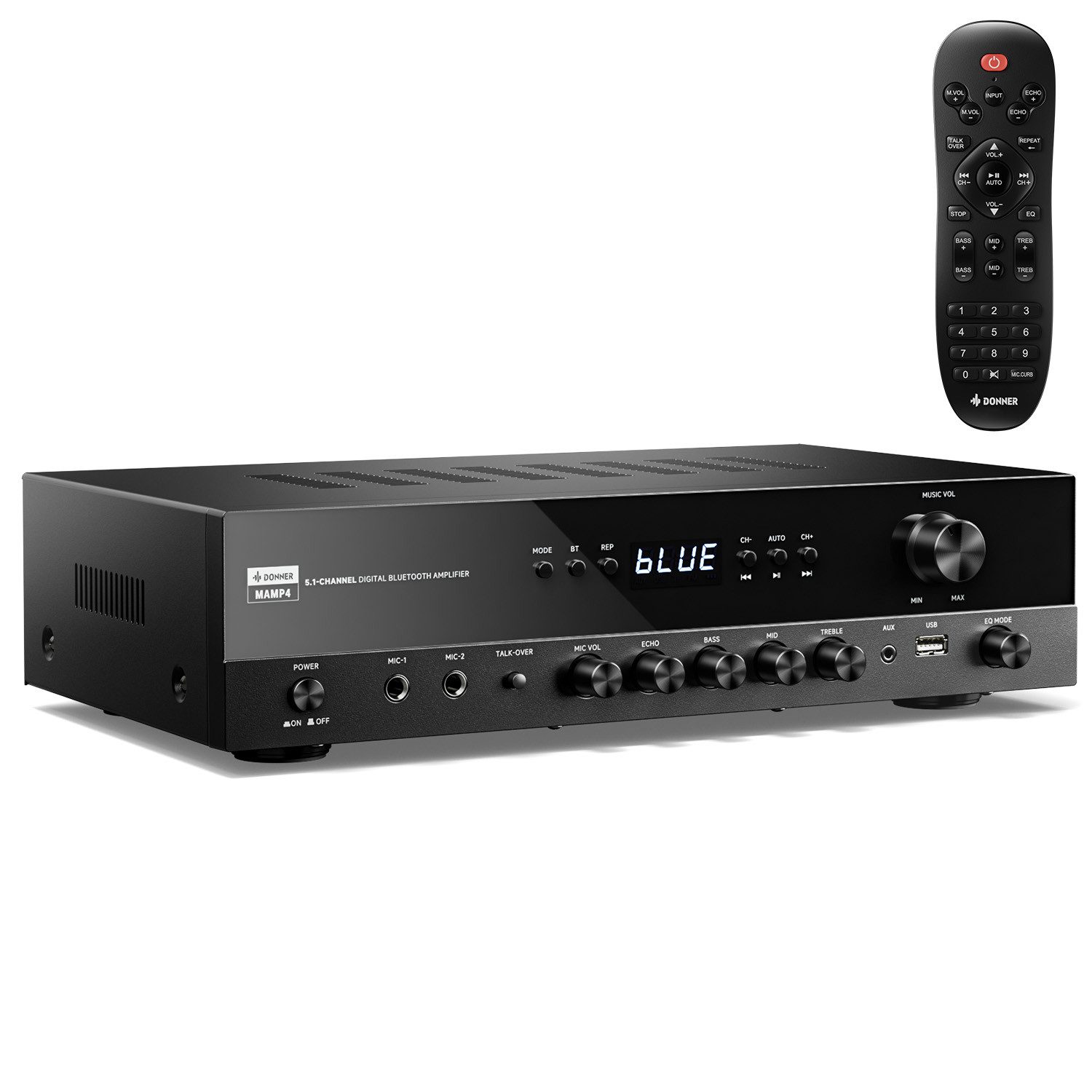 Donner Audioverstärker 440W 4 Kanal Audio-Leistungsverstärker Stereoempfänger Verstärker (Anzahl Kanäle: 4, 440,00 W, 4 Kanäle, 2 Mikrofoneingänge, Bass, Höhen)