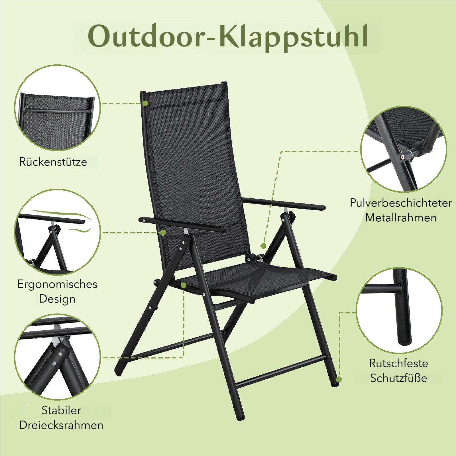 TLGREEN Klappstuhl 2-er Set Gartenstuhl,Klappbarer aus Texteline-Gewebe, (7-Fach Verstellbare Rückenlehne,Bis 120kg Belastbar, 2 St), für Garten, Terrasse, Balkon und Camping