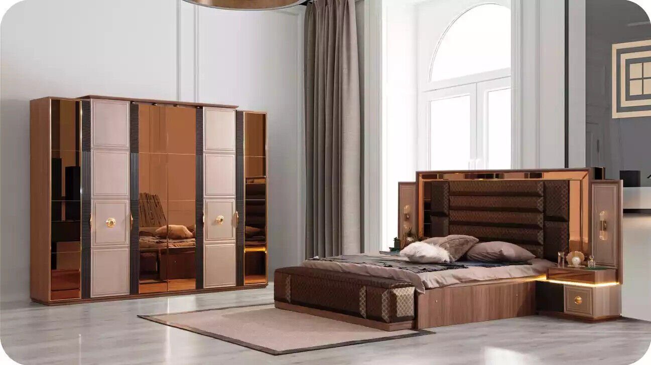JVmoebel Schlafzimmer-Set Schlafzimmermöbel Komplette Luxus Bett Set Doppelbett Braun Stoff, (4-St., Bett/2x Nachttische/Kleiderschrank), Made in Europa