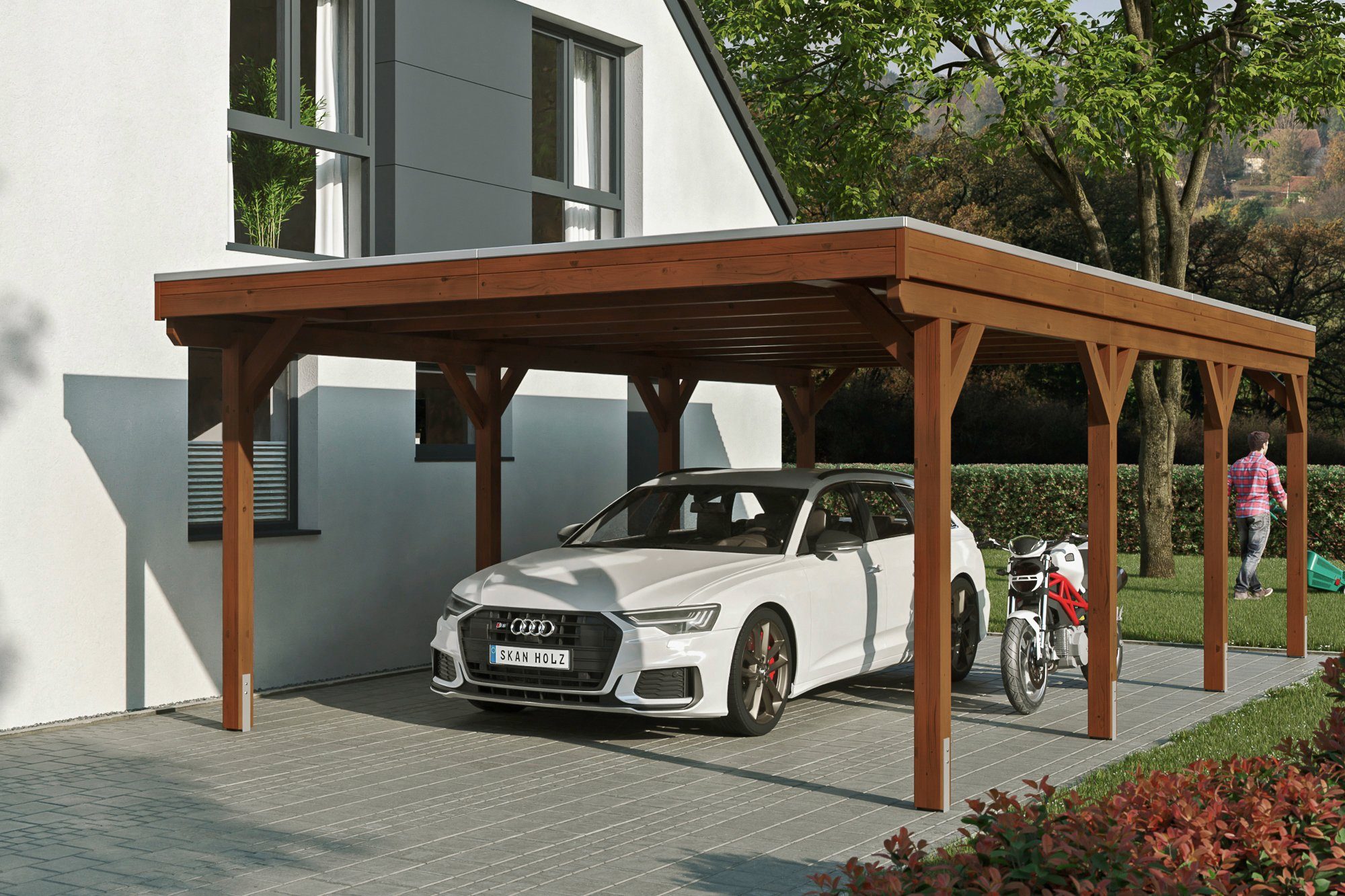 Skanholz Einzelcarport Aluminium-Dachplatten, behandelt in mit Aluminiumdach, 395 Einfahrtshöhe, cm, 427x796 BxT: Grunewald, nussbaum mit Flachdach farblich cm