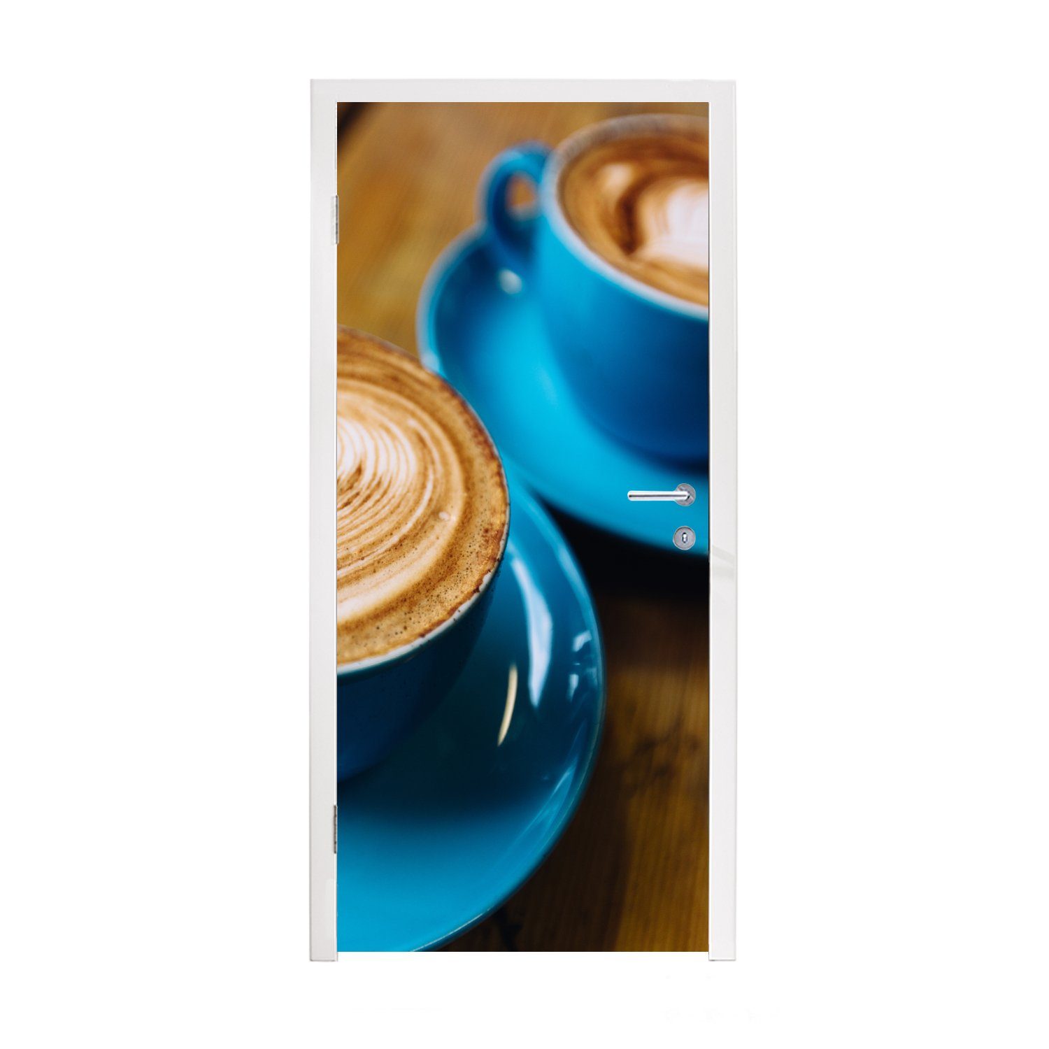 MuchoWow Türtapete Zwei blaue Kaffeetassen auf einem Holztisch, Matt, bedruckt, (1 St), Fototapete für Tür, Türaufkleber, 75x205 cm