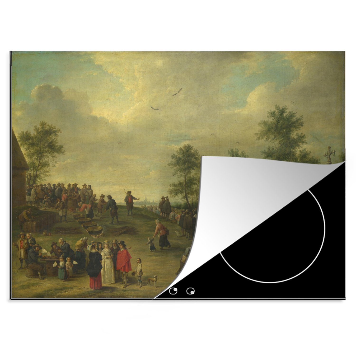 MuchoWow Herdblende-/Abdeckplatte Bauernmarkt bei Antwerpen - Gemälde von David Teniers, Vinyl, (1 tlg), 70x52 cm, Mobile Arbeitsfläche nutzbar, Ceranfeldabdeckung