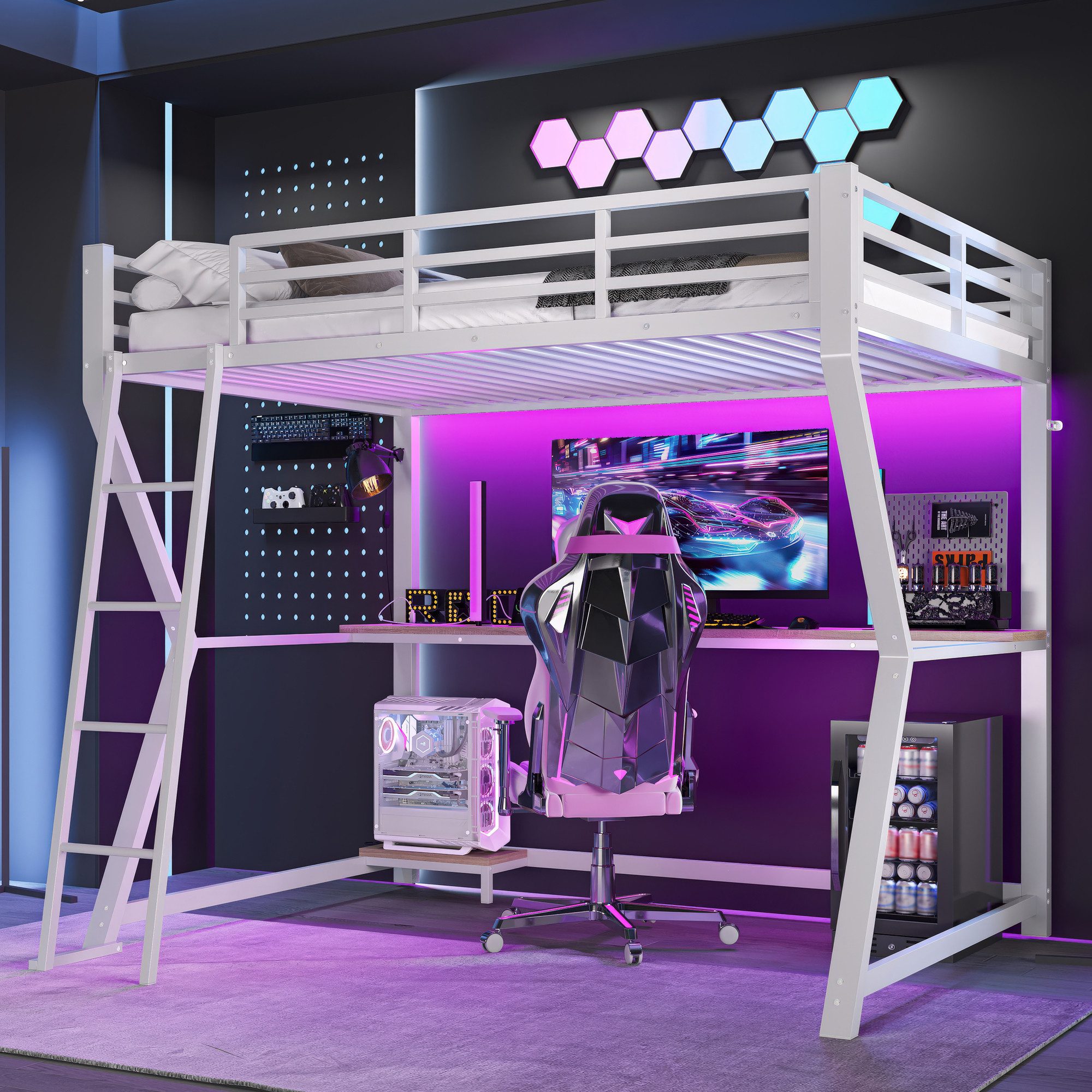 Flieks Hochbett LED Metallbett 90x200cm mit Schreibtisch und Aufladenfunkti günstig online kaufen