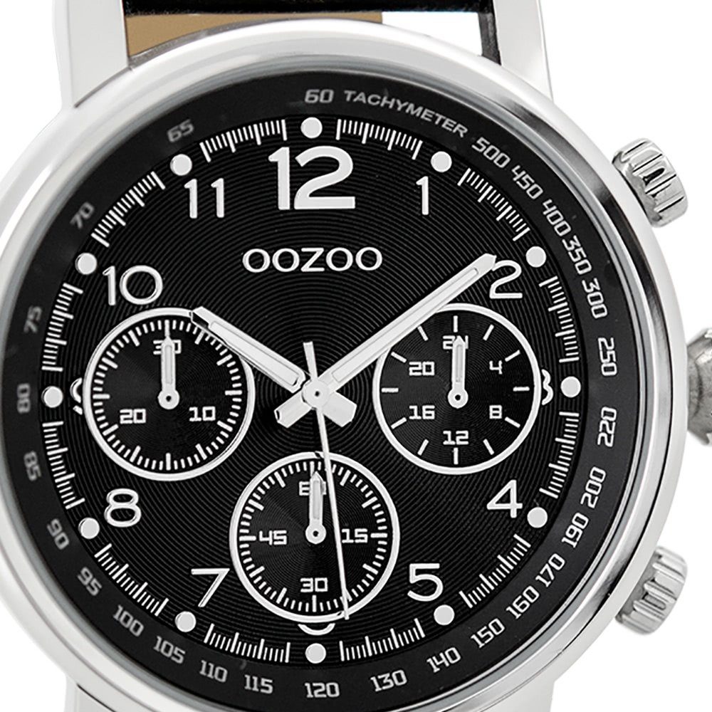 OOZOO Herrenuhr 48mm) (ca. Lederarmband, schwarz Armbanduhr Casual-Style Oozoo groß Analog, rund, Herren Quarzuhr extra