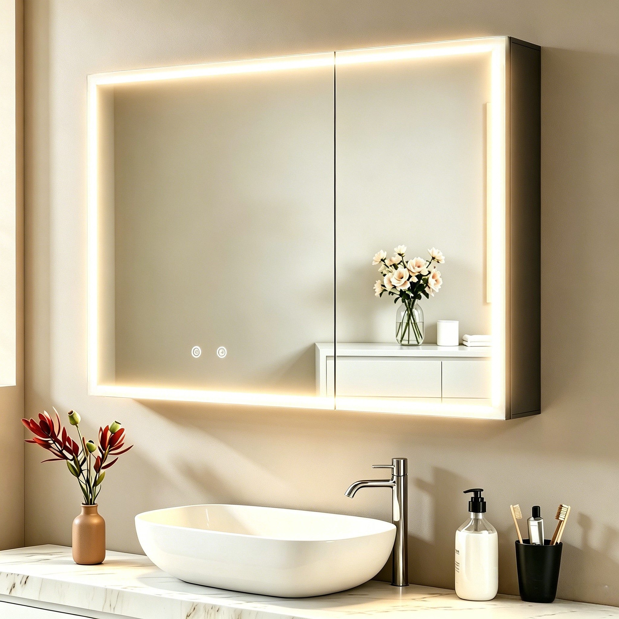 WDWRITTI Badezimmerspiegelschrank LED Spiegelschrank Schwarz Weiß Aluminum Badezimmer Schrank (Hängeschrank Badschrank 2-türig Eckig Rechteckig, 80x13,5x60cm) Doppelseitiger HD-Spiegel, 3Lichtmodi, Dimmbar, Anti-fog, Memory