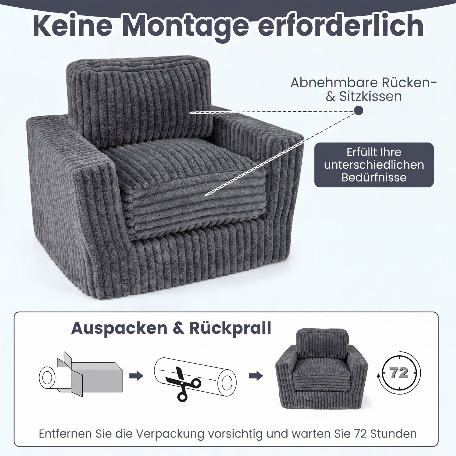 COSTWAY Relaxsessel Bodensessel Cord gepolstert, Sitzsack Sessel – Bild 3 von 5