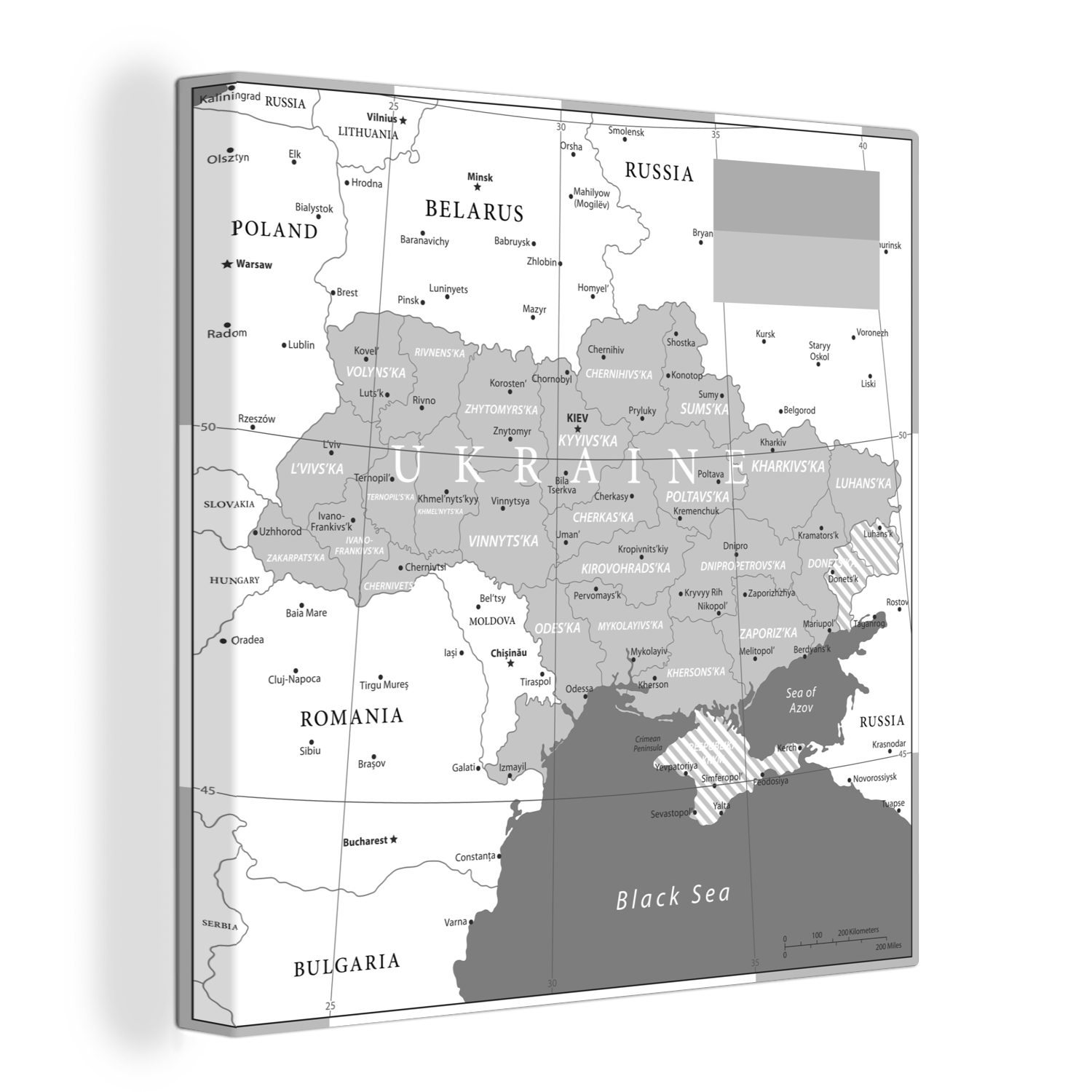 OneMillionCanvasses® Leinwandbild Illustration einer mit der - Flagge weiß, Bilder Wohnzimmer schwarz Karte Schlafzimmer (1 St), der Leinwand Ukraine für und