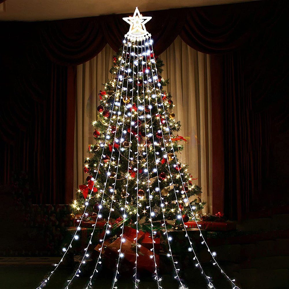 Rosnek LED-Lichterkette 9 Stränge*3.4M, 8 wasserdicht, für Modi, Weihnachten Stern Weiß mit Topper Garten Deko, Wasserfall-Weihnachtsbaumlichter