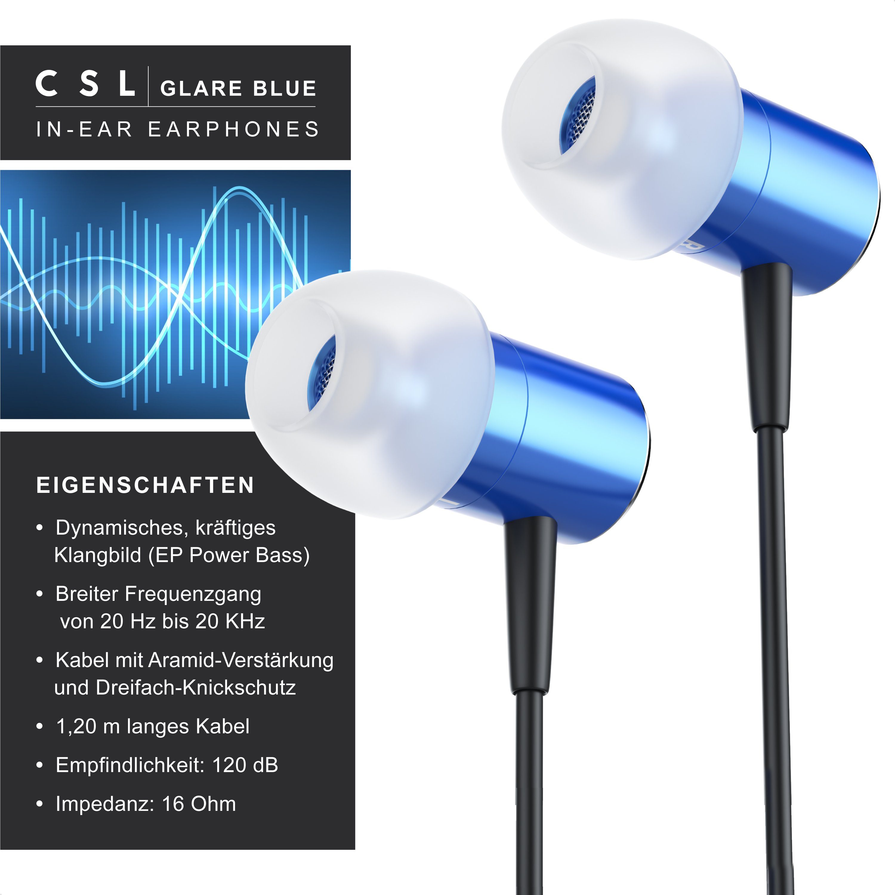 CSL InEar Ohrhörer, Dynamischer 8mm Treiber, Noise Reduction Design In-Ear-Kopfhörer (Earphones mit Power Bass, 3,5mm Klinke, inkl. Ersatz Silikonaufsätze)