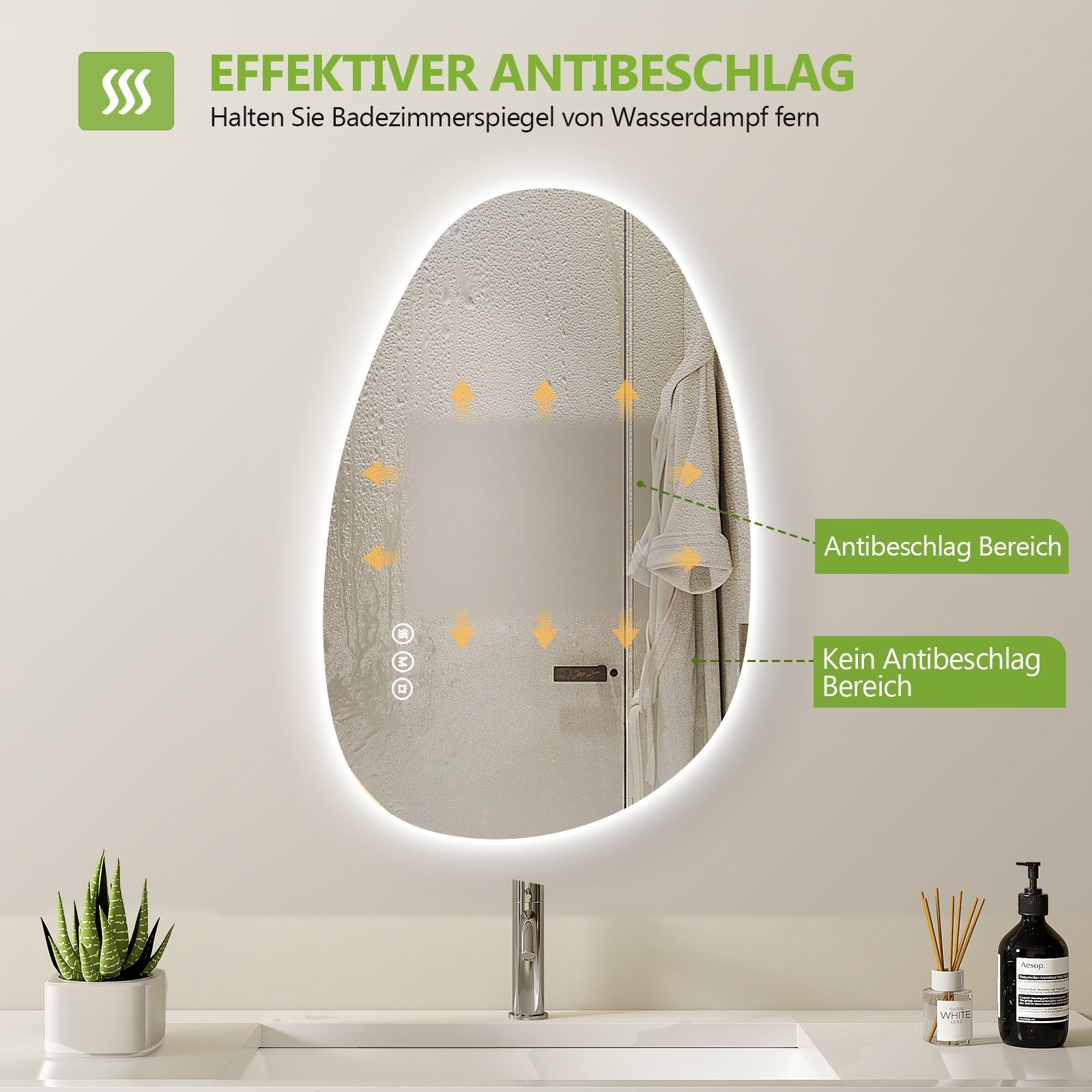 S'AFIELINA und Badspiegel Dimmbar, Beleuchtung und LED Lichtfarben 3 Memory-Funktion Anti-Beschlag- Wandspiegel mit