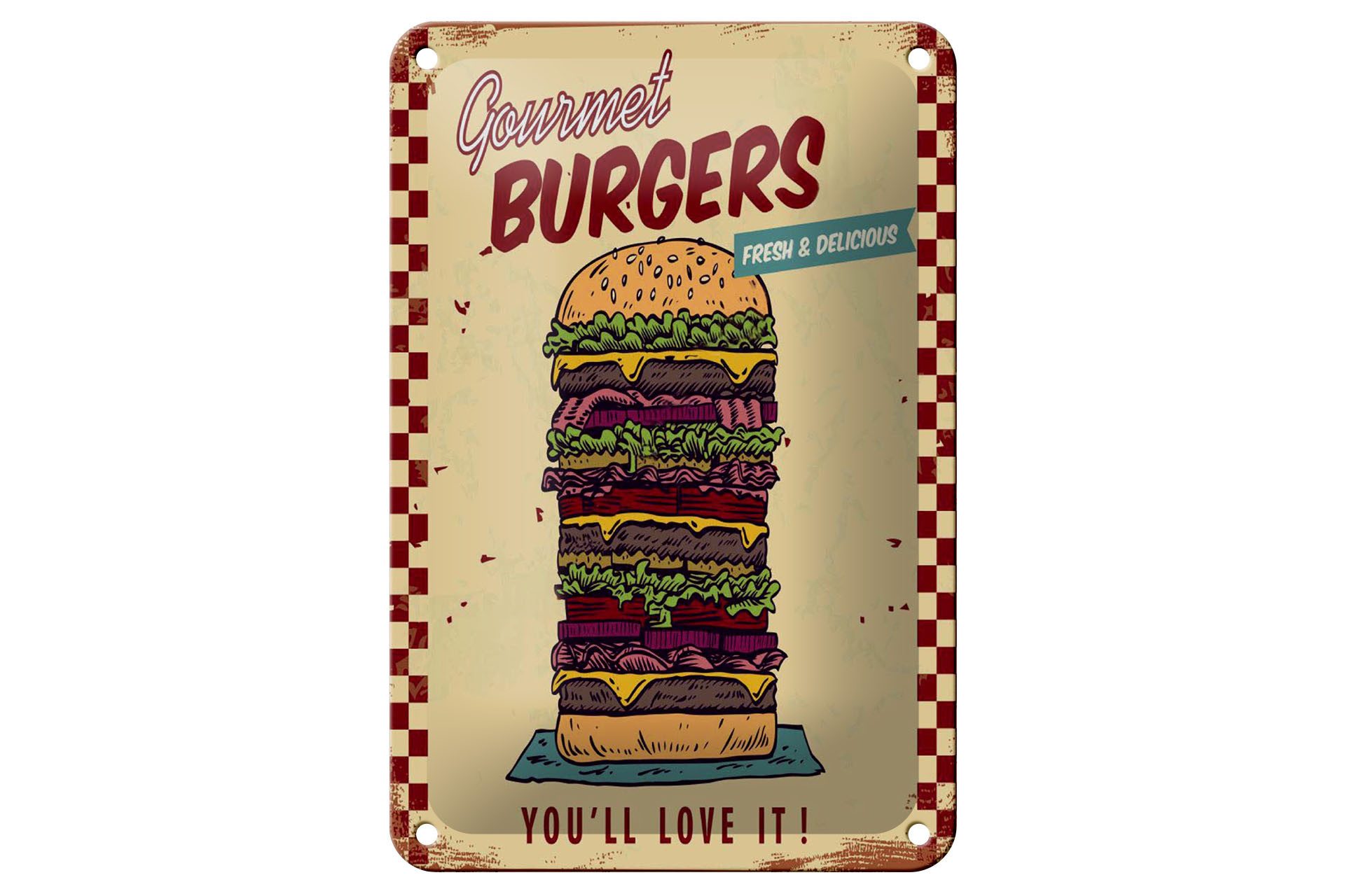 Femer GmbH Metallschild Reklame 12x18 cm Gourmet Burgers, (1 St), gewölbte Oberfläche, abgerundete Ecken, umgeschlagene Kanten