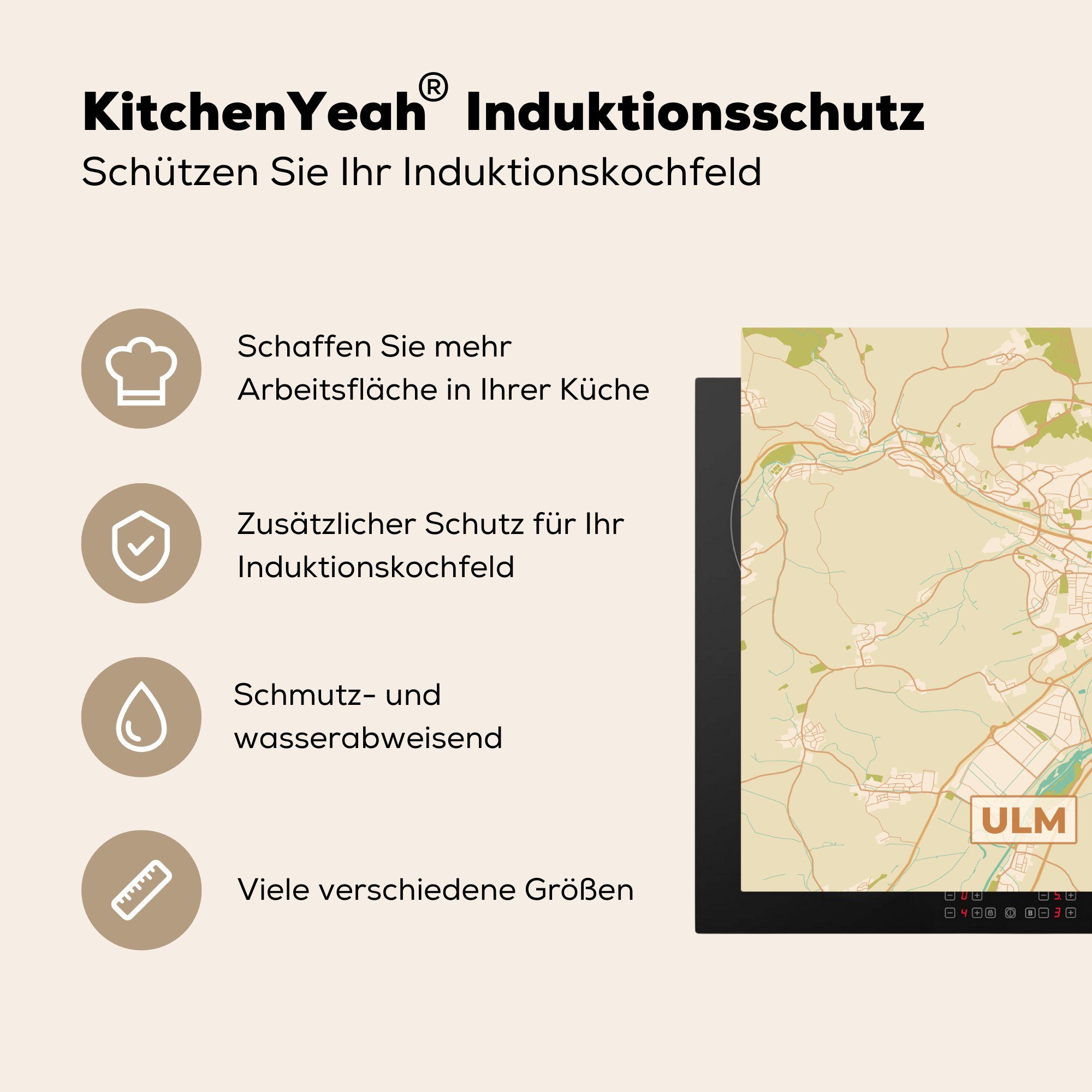 - (1 Vinyl, Arbeitsplatte Herdblende-/Abdeckplatte küche Stadtplan, - 78x78 Ceranfeldabdeckung, Jahrgang für - tlg), Karte Ulm MuchoWow cm,