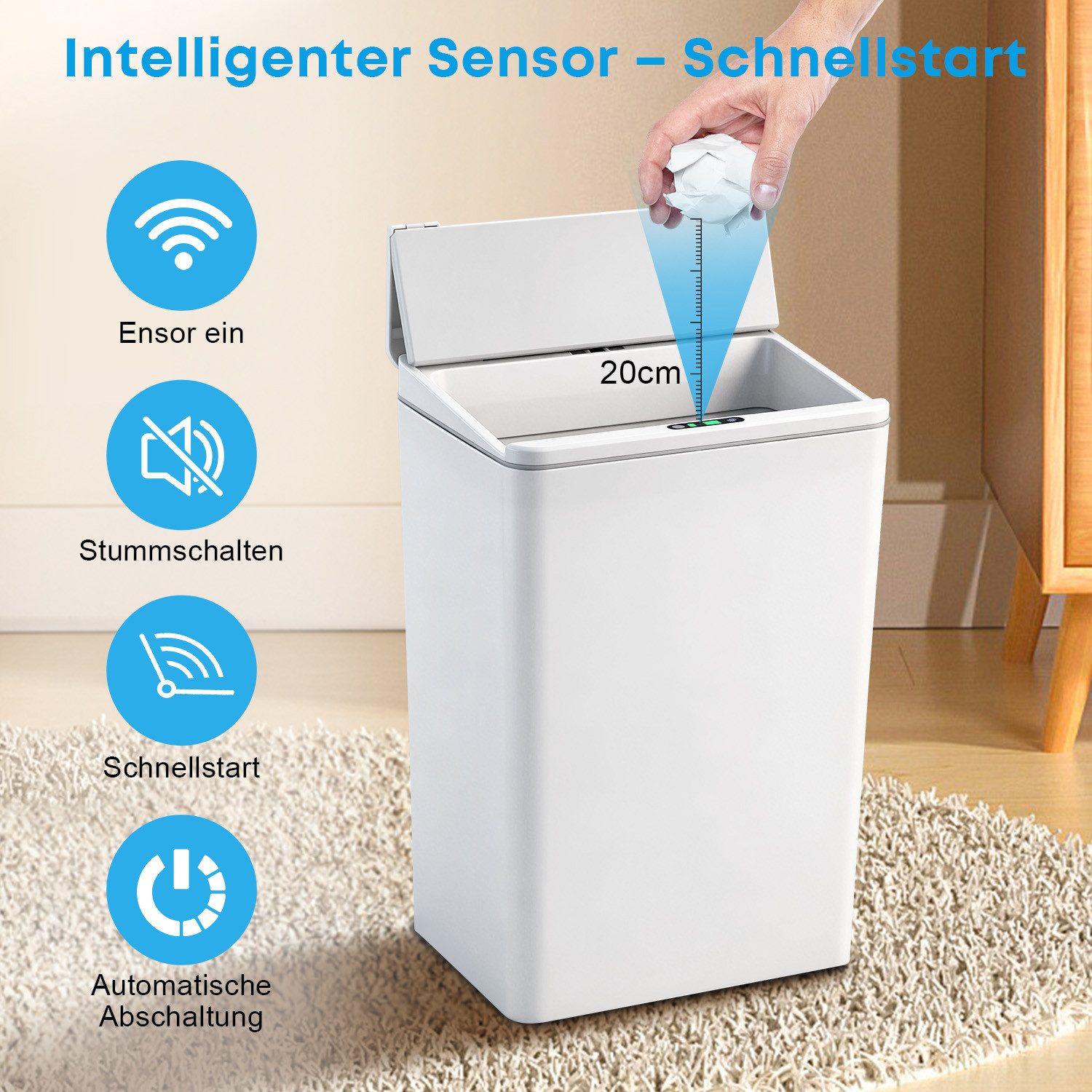 CkeyiN Pro Mülleimer 17L Intelligenter Sensor,Küchenmülleimer mit sanft schließendem Deckel, Automatischer/Manueller Start,24x18x35,5 cm,für Küche/Schlafzimmer