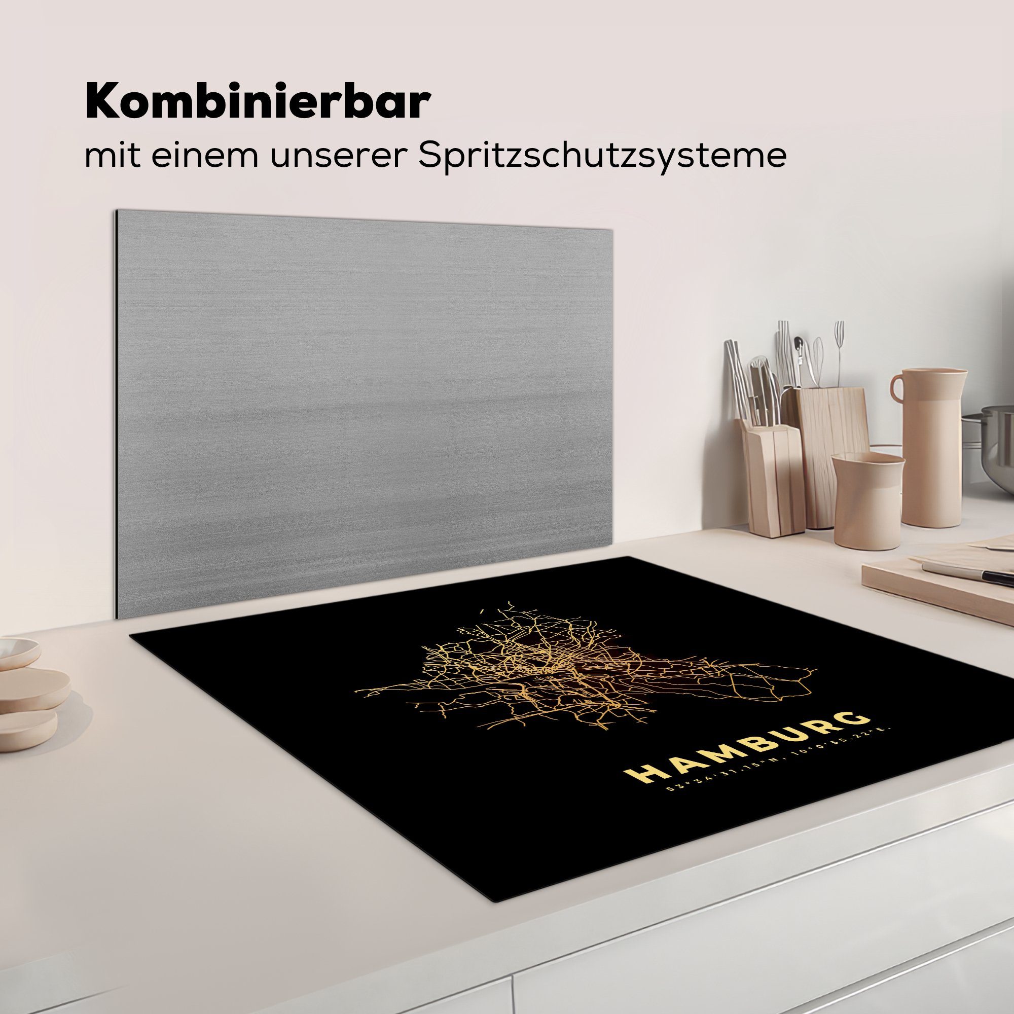 - für Hamburg Vinyl, Herdblende-/Abdeckplatte Gold - küche Arbeitsplatte cm, Ceranfeldabdeckung, - Stadtplan, tlg), 78x78 (1 MuchoWow Karte