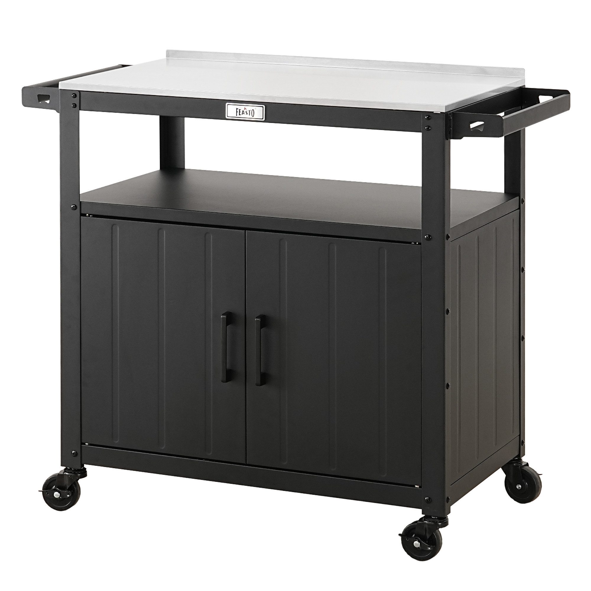 Feasto Servierwagen Grillwagen Outdoor Küche mit Edelstahl-Arbeitsplatte & Stauraum, Mobiler BBQ-Schrank mit 360° Lenkrollen, Maße 100 x 45 x 89,5 cm