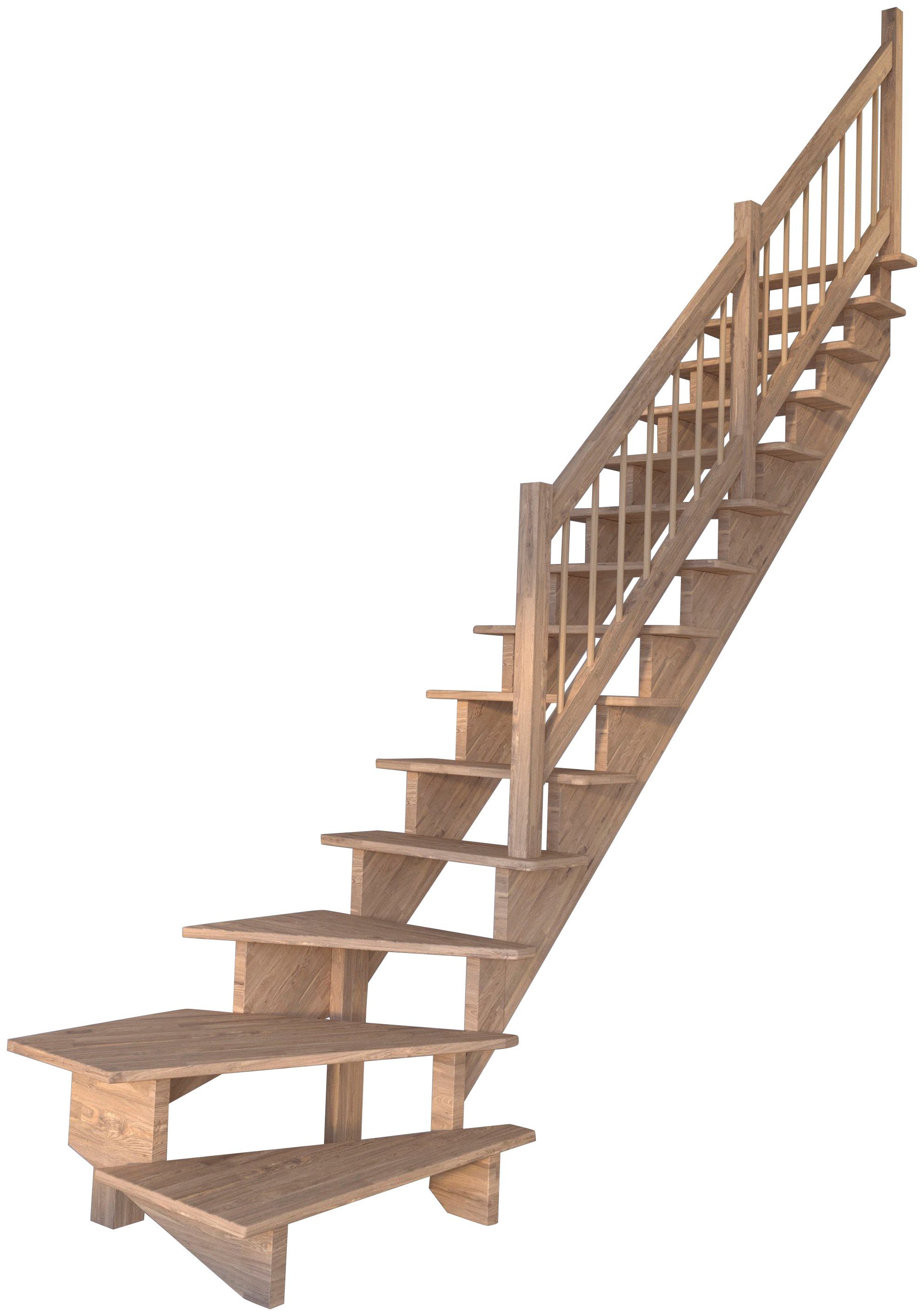 offen, 300 Starwood Stufen Systemtreppe Geschosshöhen Lindos, gewendelt Rechts, Wangenteile cm, Durchgehende für Design Holz-Holz bis Geländer, Massivholz