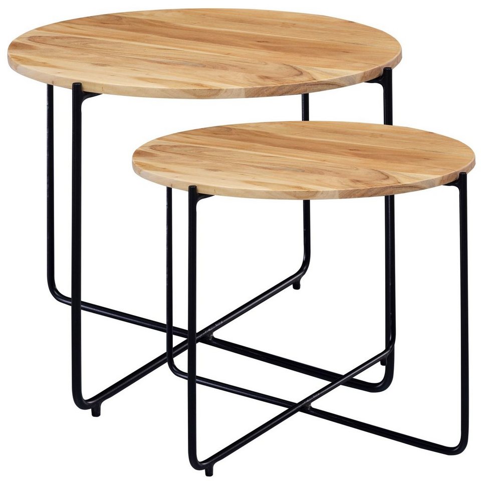 FINEBUY Couchtisch »FB36«, Couchtisch Set Akazie Massivholz / Metall  Sofatisch Design Wohnzimmertisch Rund Kaffeetisch Massiv Kleiner Tisch