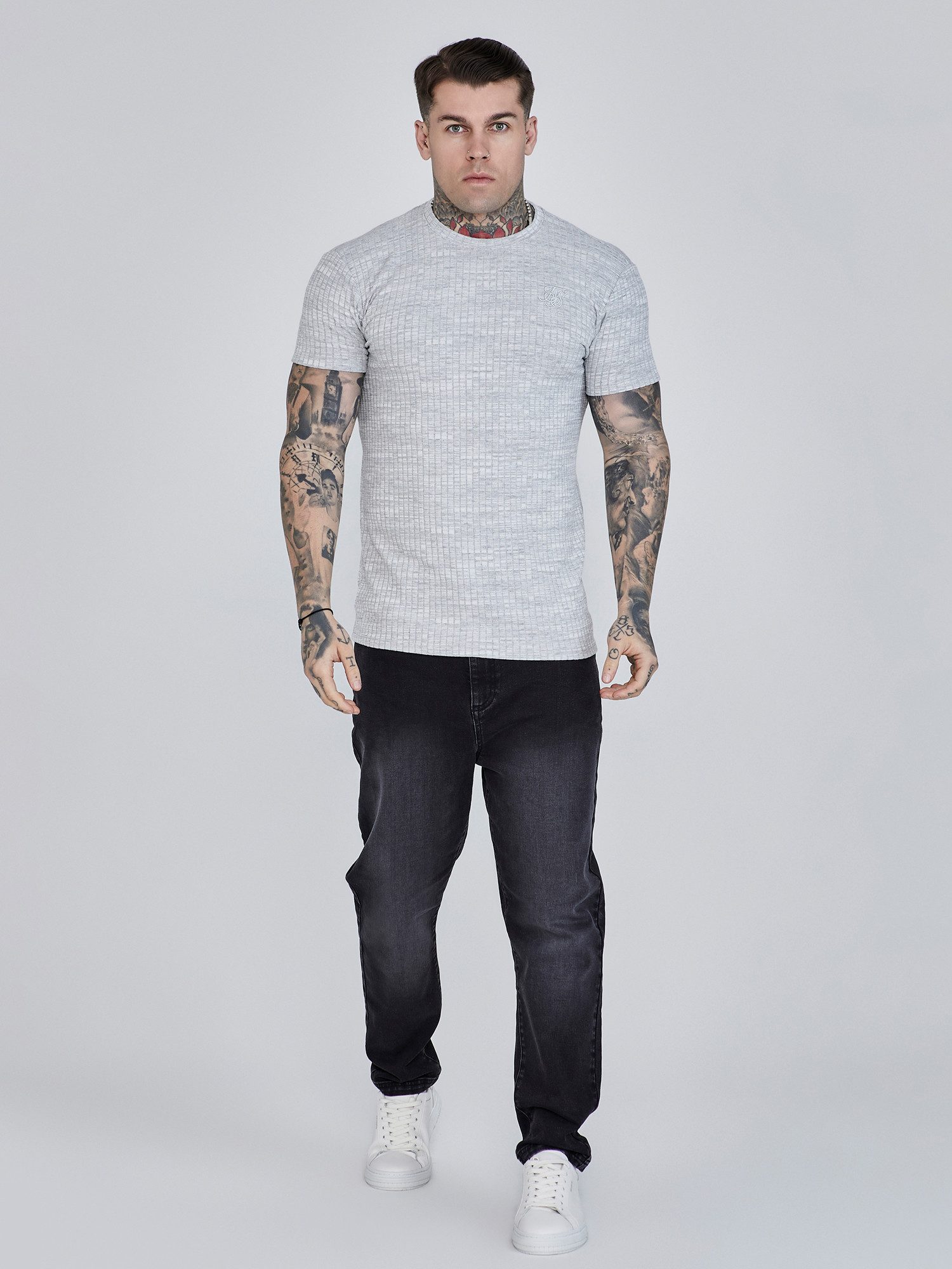 Siksilk T-Shirt SikSilk Herren Hellgraues Geripptes T-Shirt günstig online kaufen