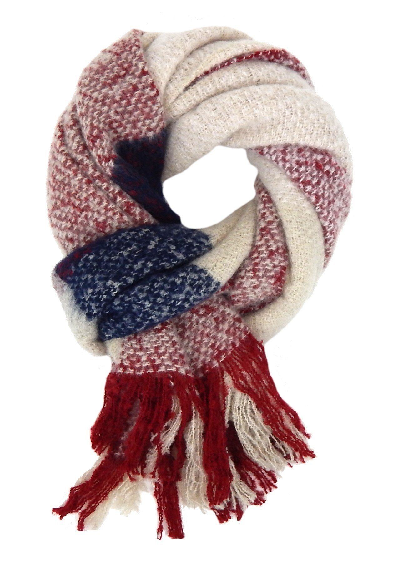 Ella Jonte XXL-Schal, kuschelweicher Winterschal beige rot blau mit Fransen