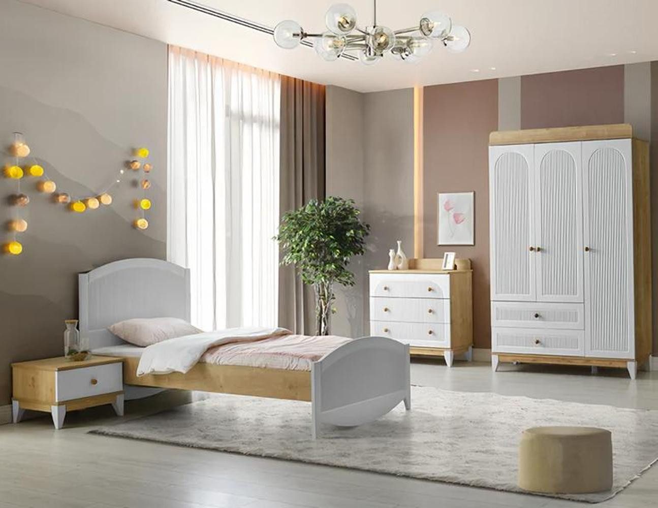Jugendzimmer-Set Bett mit Nachttisch, Kommode und Kleiderschrank in Weiß