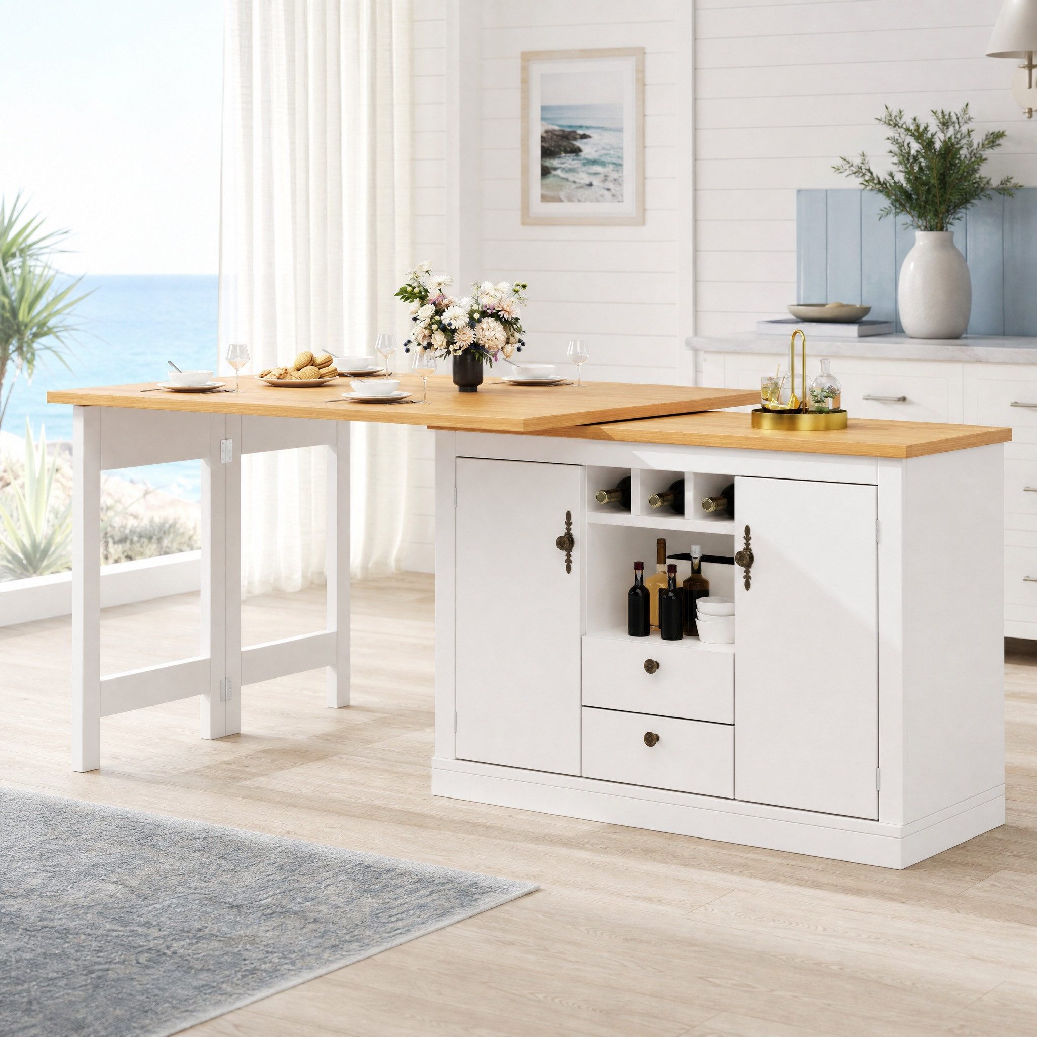 OKWISH Bartisch für Wohnzimmer, Esszimmer, Homeoffice (Moderner Bartisch ausziehbar 120–180 cm mit 360° Drehfunktion & Stauraum, Sideboard-Esstisch, 1-St., 120-180 cm)