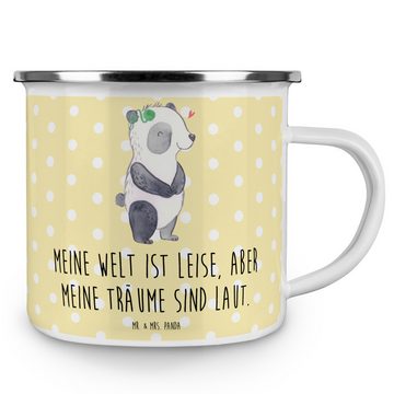 Mr. & Mrs. Panda Becher Panda Gehörlos - Gelb Pastell - Geschenk, Blechtasse Outdoor, Cochlea, Emaille, Liebevolles Design