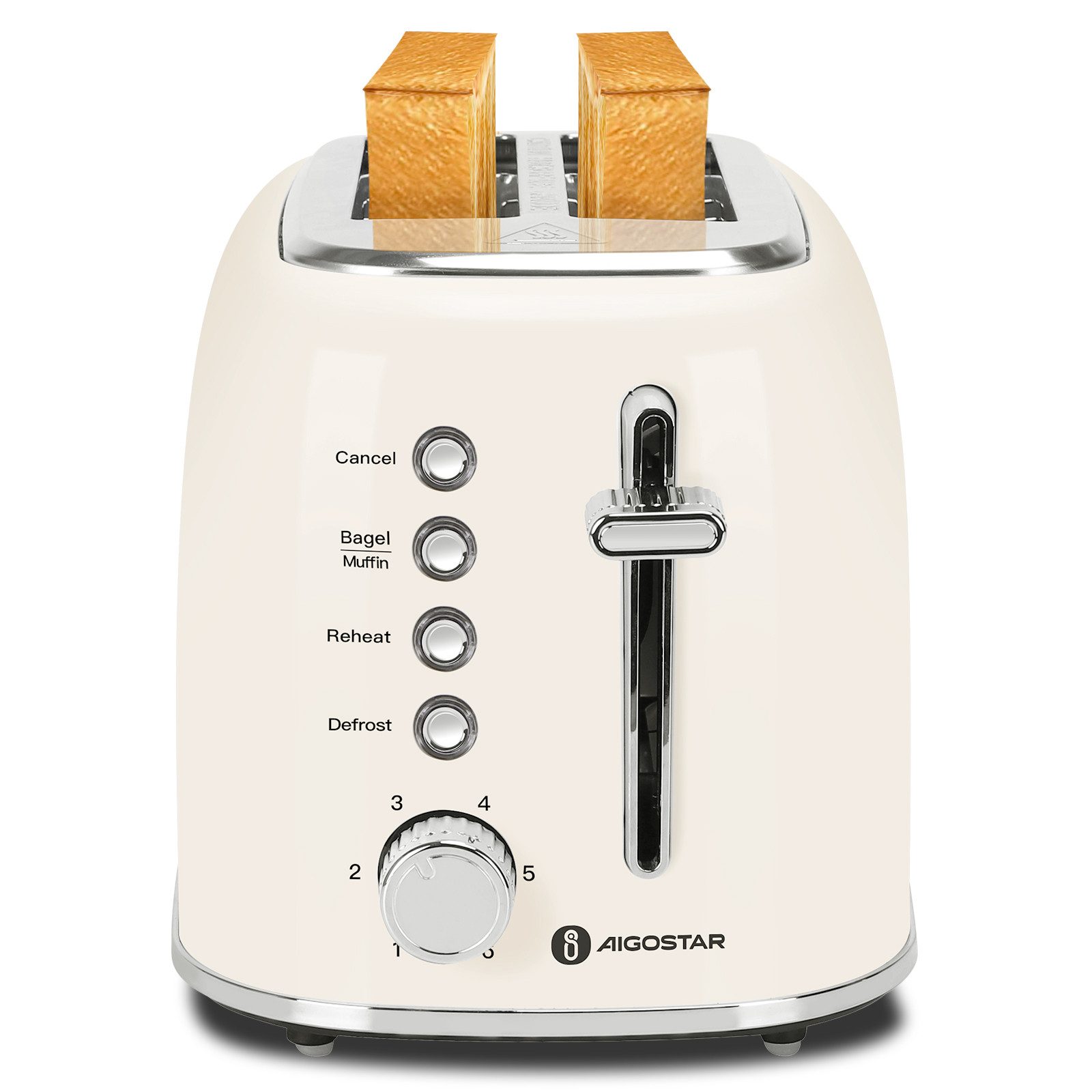 Aigostar Тостеры Cream - Retro Edelstahl Тостеры, 4 Funktionen, 6 Bräunungsstufen, 2 lange Schlitze, für 2 Scheiben, 800,00 W, Extra Breite Toastschlitze, Liftfunktion
