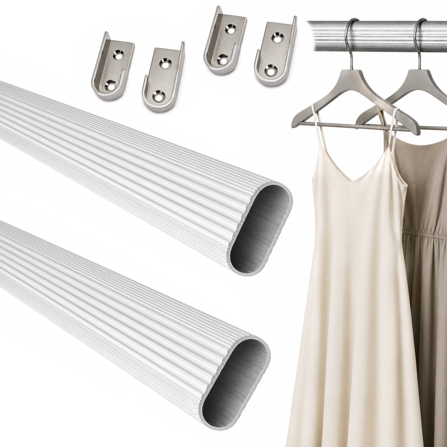 HOOZ Kleiderstange Garderobenstange 50 cm Oval Aluminium inkl. Halter Silber 2er (Set, 2 St., 2 Schrankrohr inkl. 4 Halter), Individuell kürzbar, geschliffene Rohrkanten, stabile Metallhalter