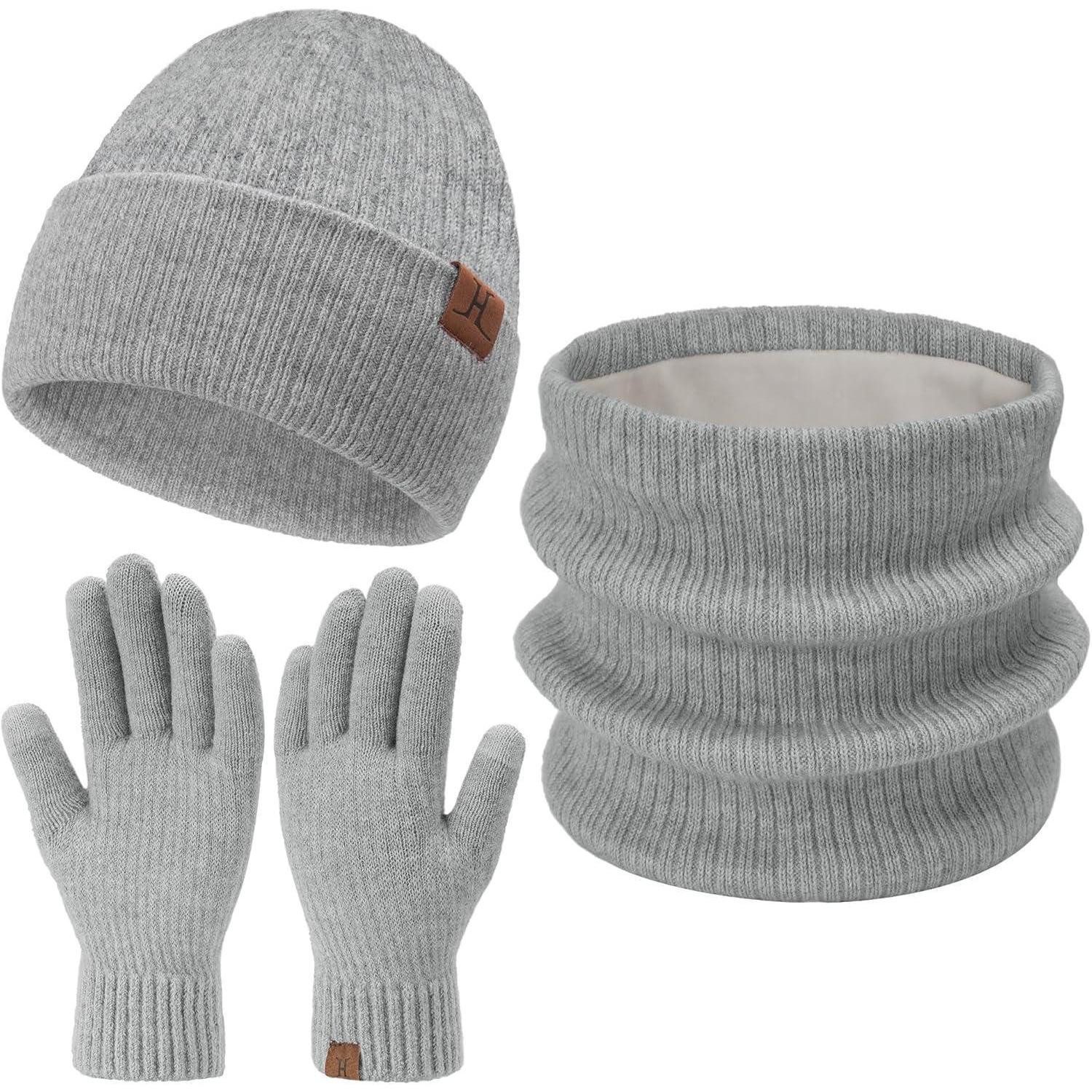 Strickmütze Beanie Mütze Schal Set Unisex Damen Herren (3 Stück) Hellgrau