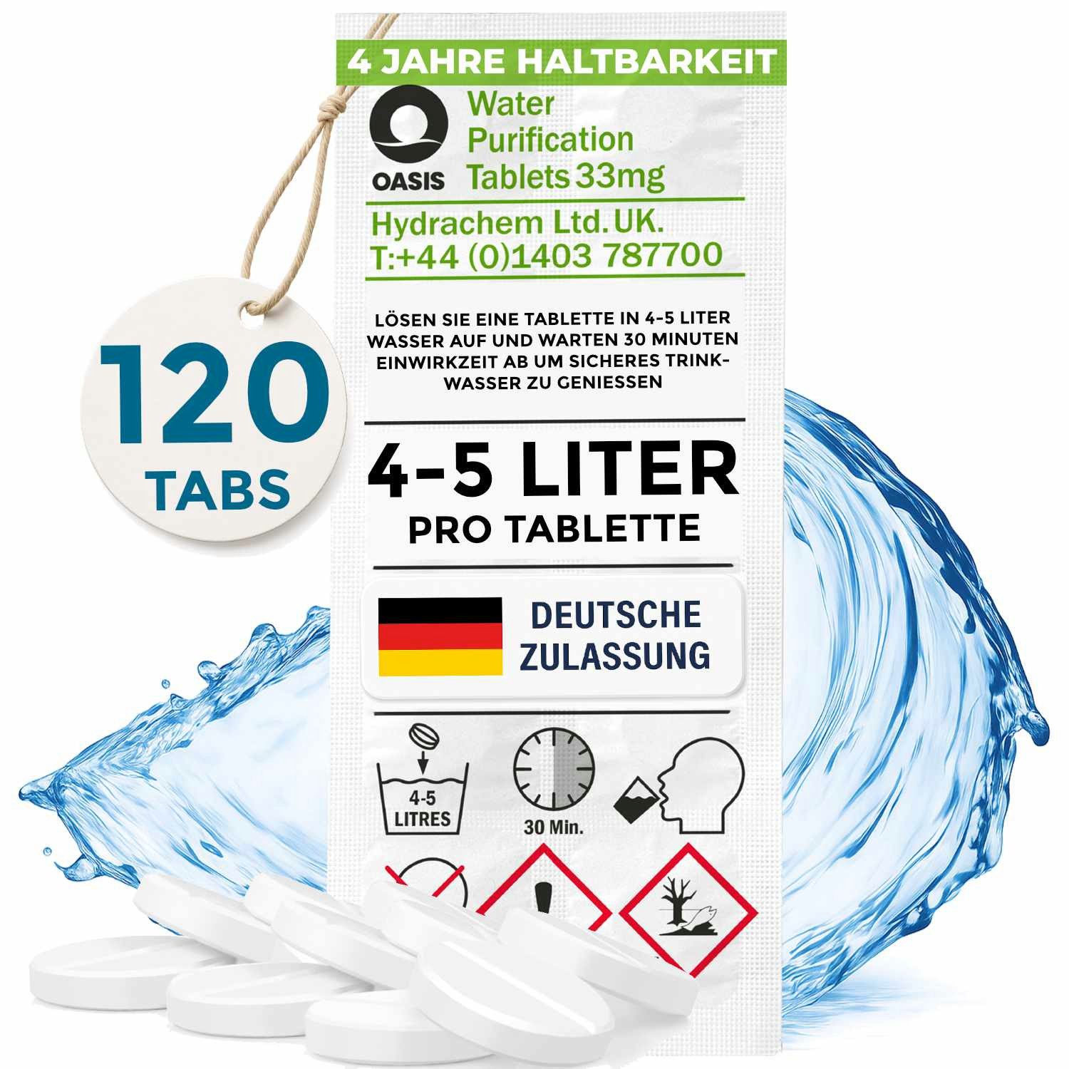 Wicked Chili Chlortabletten Wasserreinigungstabletten für Trinkwasser 120 Stück je 4-5L, Wasserreinigungstabletten für Trinkwasser je 4-5 Liter