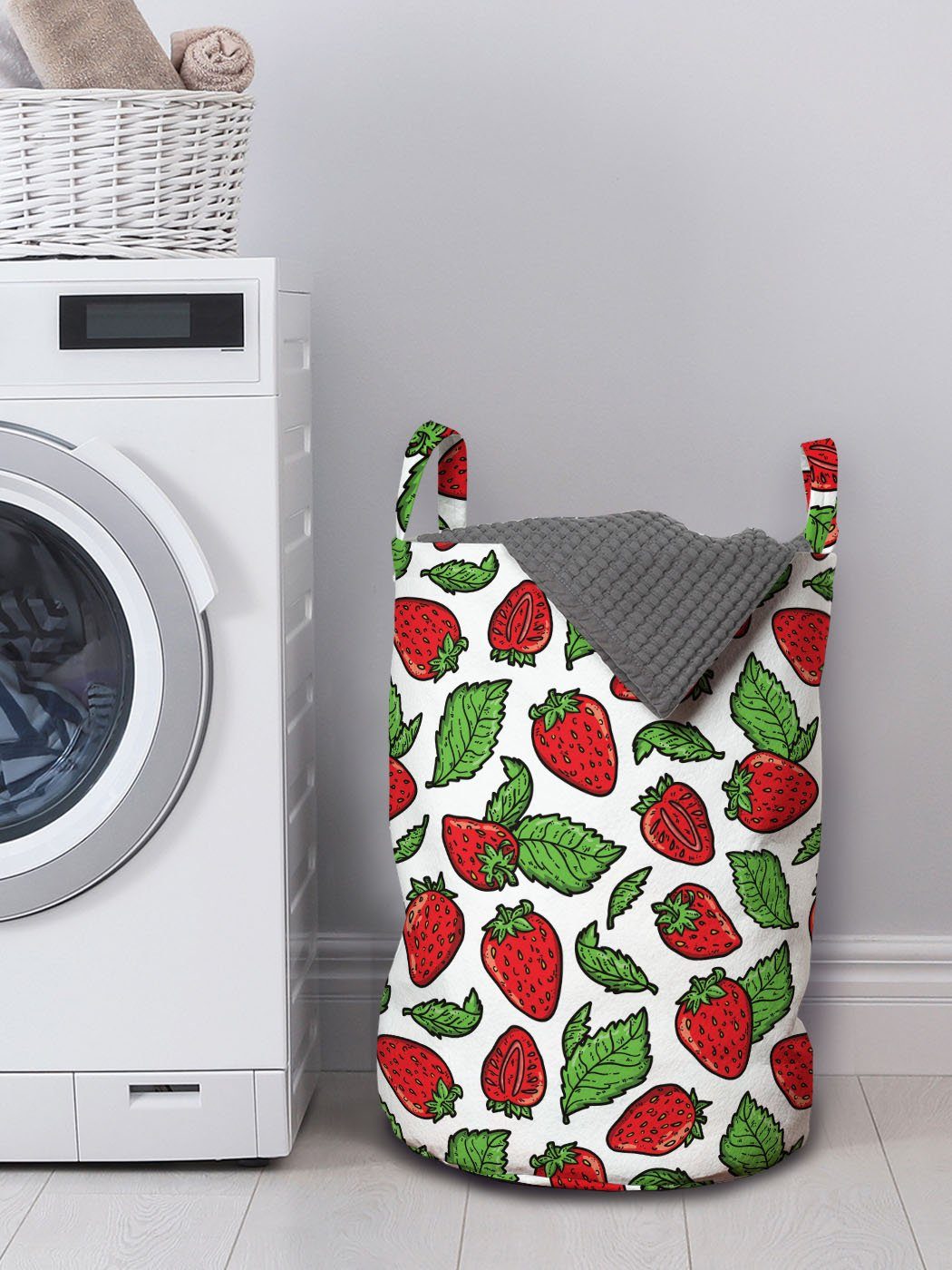 Wäschekorb für Blätter Kordelzugverschluss Abakuhaus Waschsalons, Obst Saftige Erdbeeren mit Griffen Wäschesäckchen
