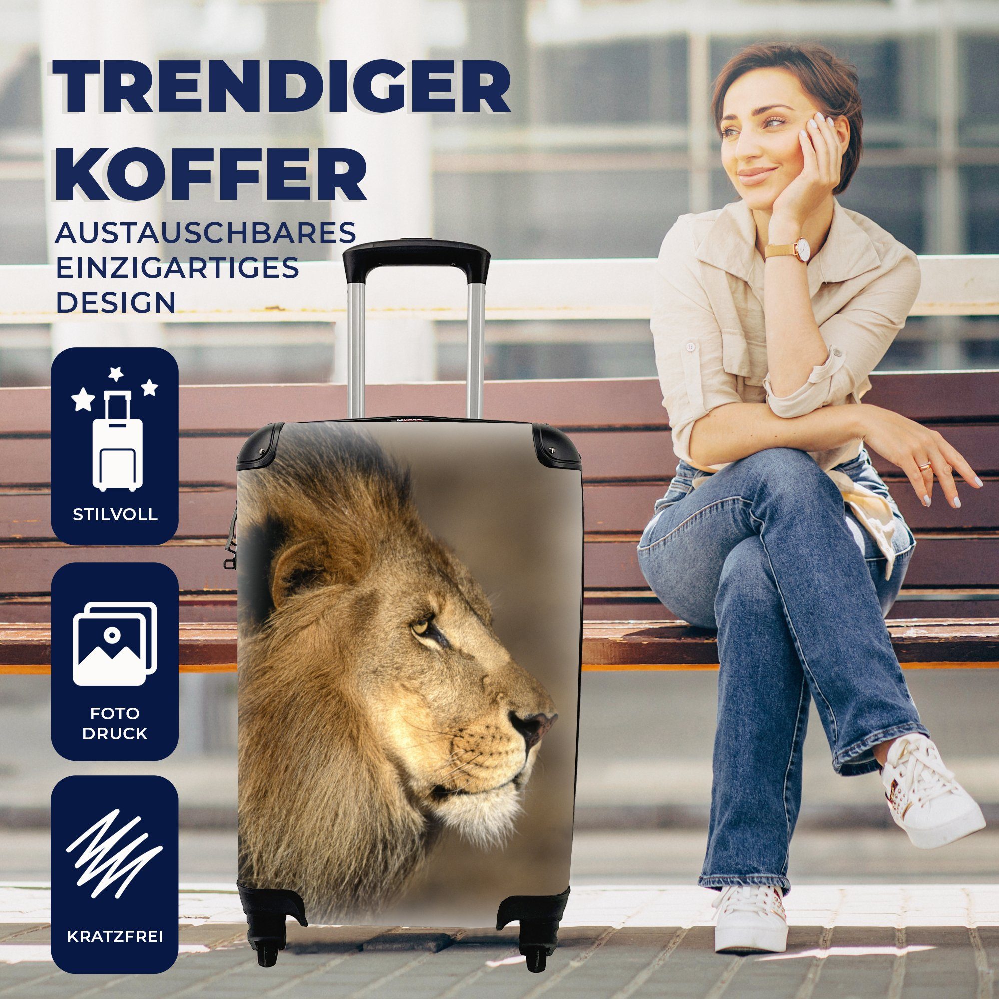Handgepäckkoffer MuchoWow Reisekoffer - Löwe Ferien, rollen, - Reisetasche für Afrika, Trolley, Profil Rollen, mit 4 Handgepäck