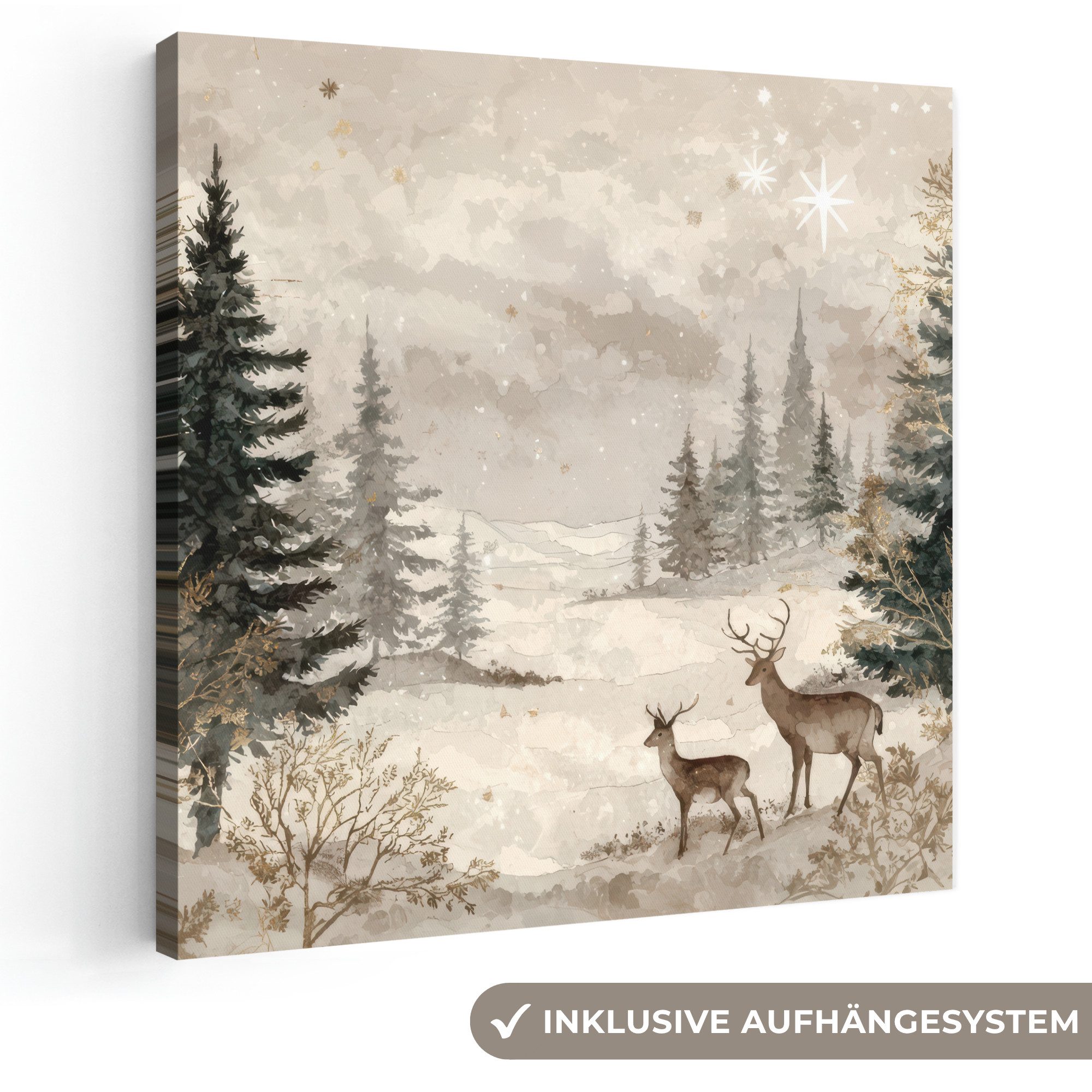 OneMillionCanvasses® Leinwandbild Wald - Hirsche - Winter - Schnee, Fotodruck (1 St), Wandbild, Deko Schlafzimmer Wohnzimmer Flur 20x20 cm