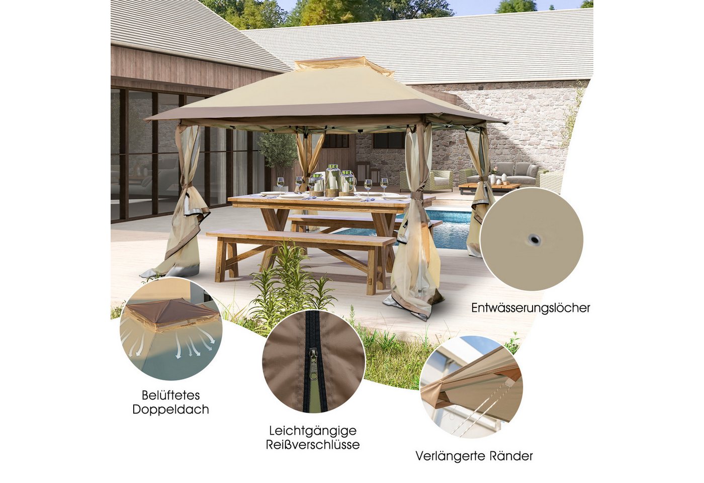 Thumbnail - KOMFOTTEU Pavillon, Gartenpavillon 3,6×3,6m, höhenverstellbar mit Doppeldach