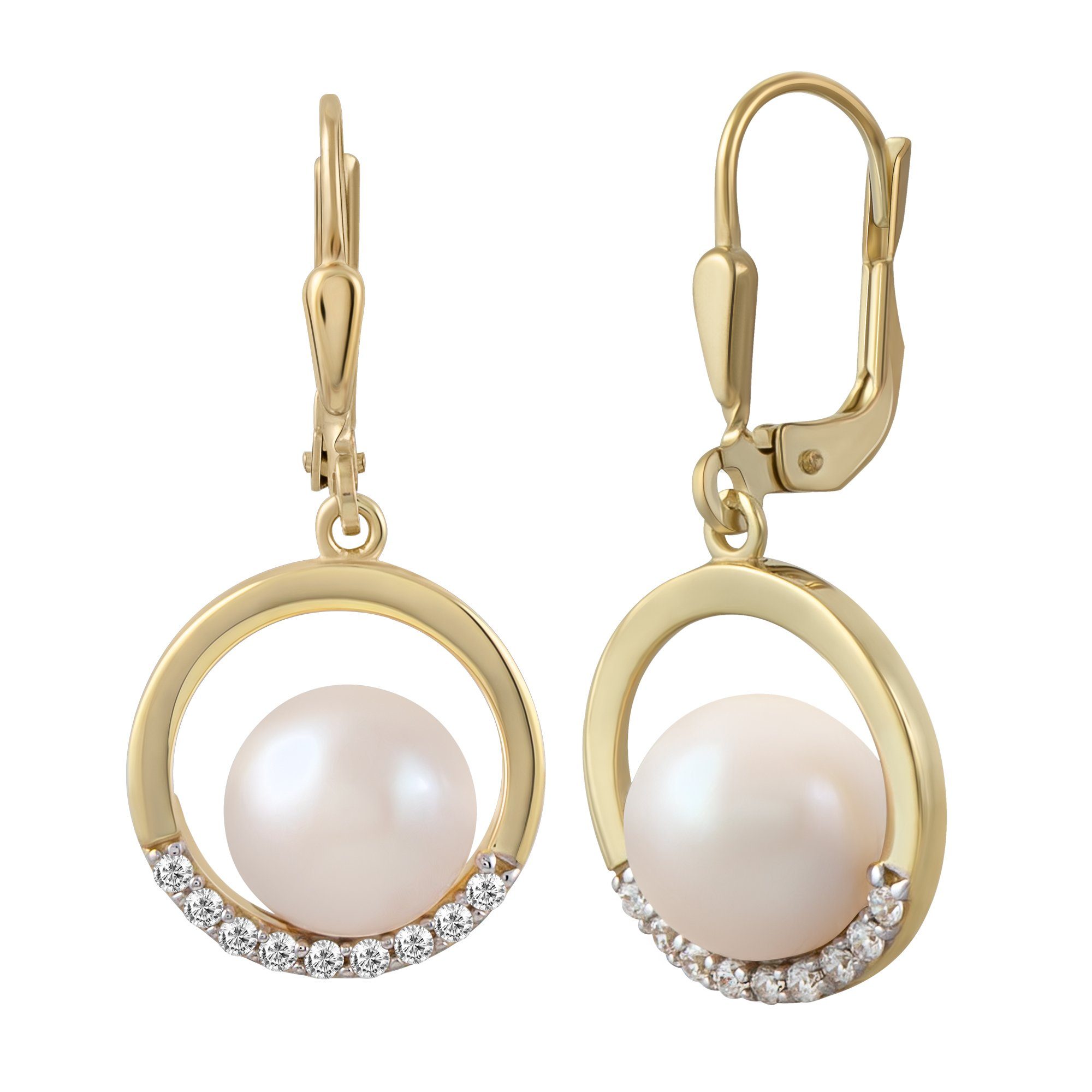 Fascination by Ellen K. Paar Ohrhänger Gold 375 Perle weiß 8-8,5mm Zirkonia weiß