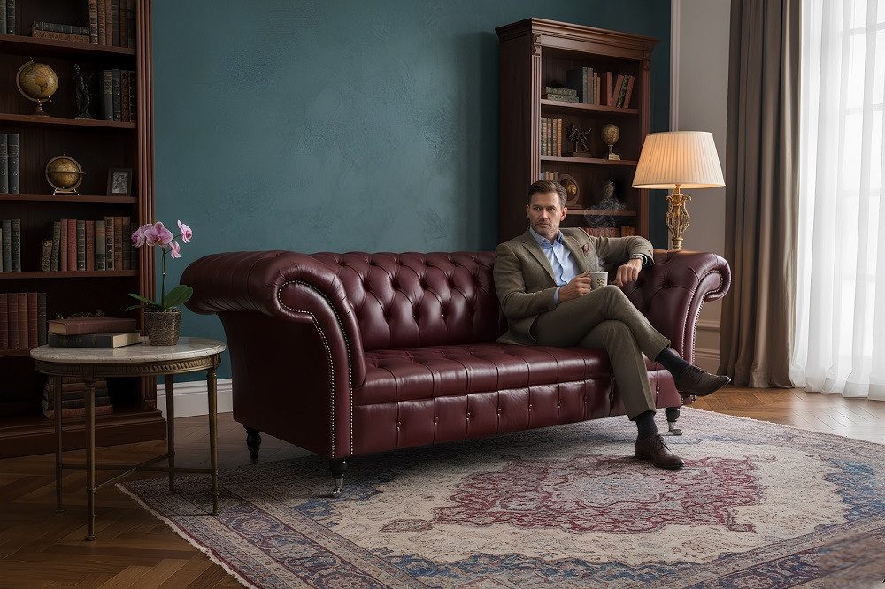 JVmoebel Chesterfield-Sofa Bordeaux Big Chesterfield Sofa aus 100% Leder in stilvollem Design, Made in Europa