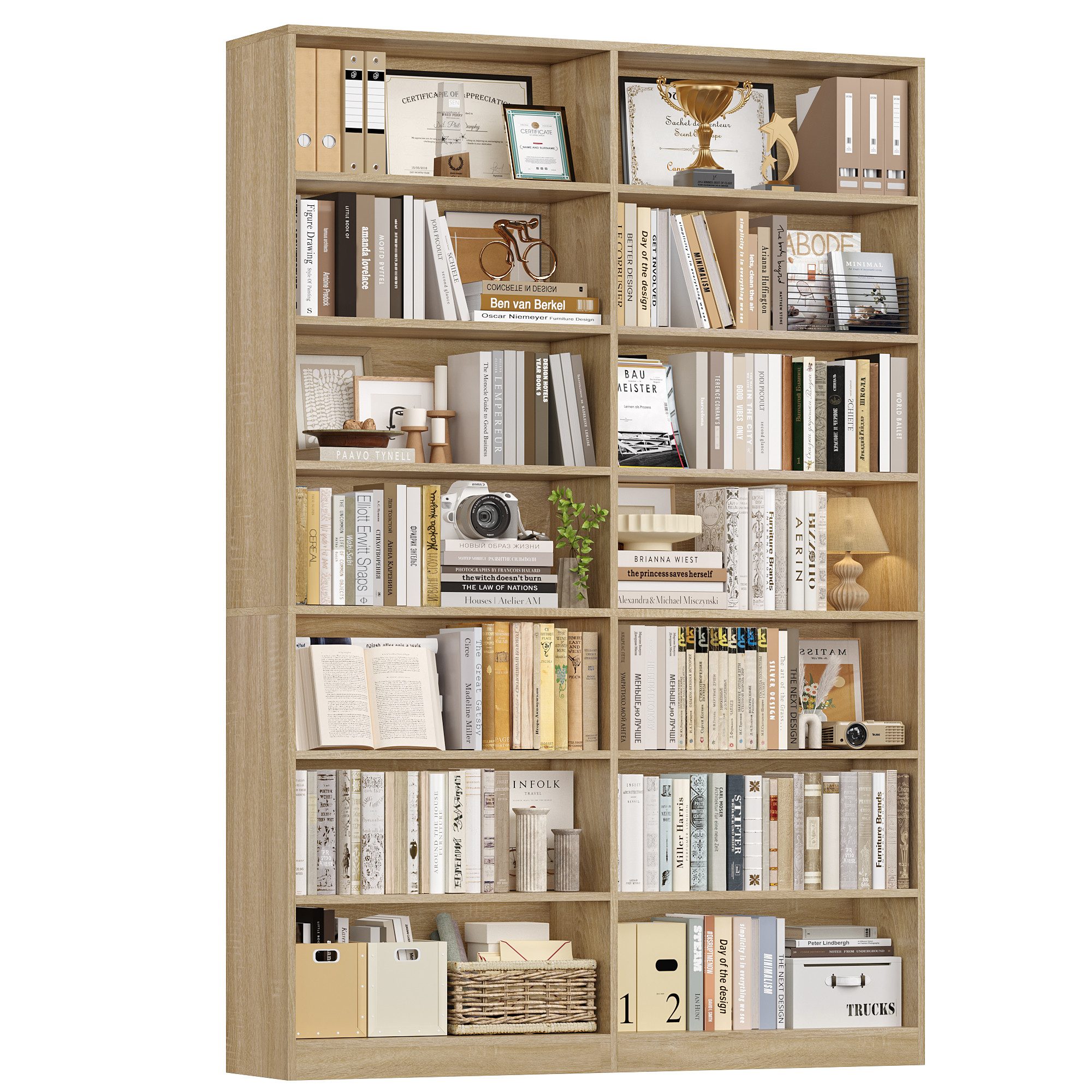 Homfa Bücherregal 212,5 cm hoch Standregal Bücherschrank Regal, mit 14 Fächern Raumteiler Aufbewahrungsregal 120x30x212,5 cm eiche