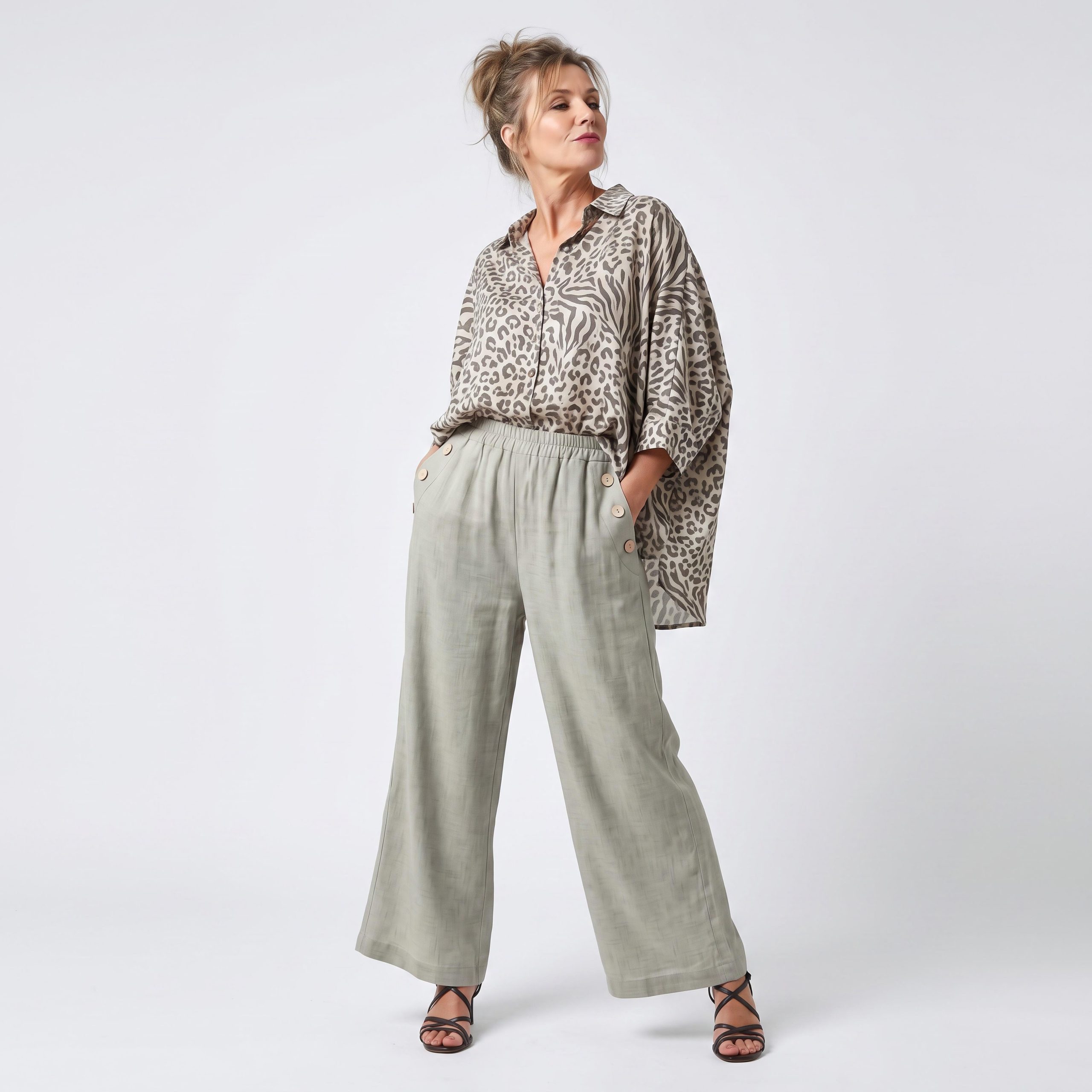 OriginalYou Marlene-Hose Damen Sommerhose Wide Leg Freizeithose Elastikbund Knopfdetails erhältlich in Größe 36 bis 46, leicht transparenter Sommerlook – Bild 3 von 3