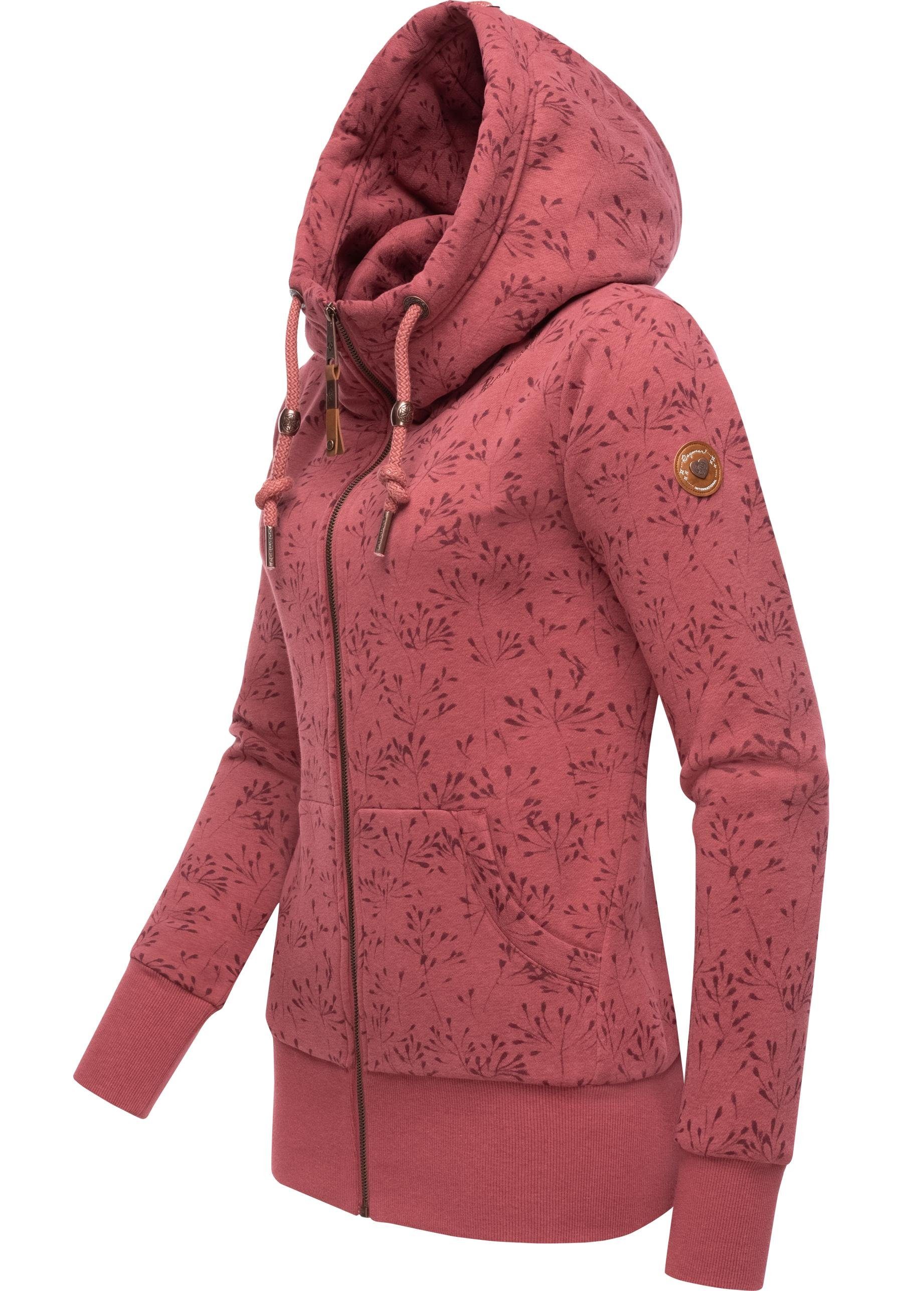 Ragwear Sweatjacke Damen Neska sportlicher Kapuze Zip-Hoodie Flowers mit Zip beere