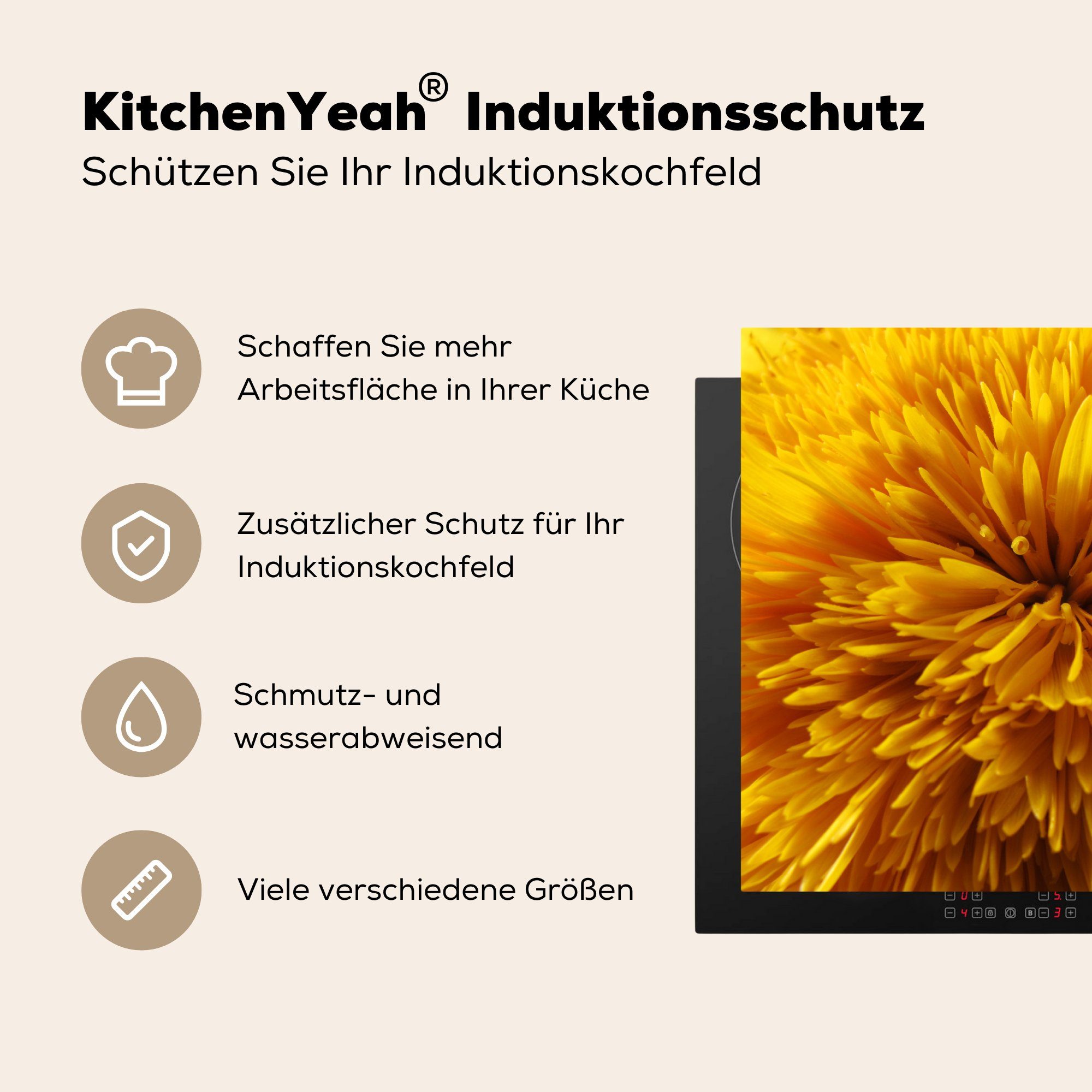 MuchoWow Herdblende-/Abdeckplatte Löwenzahn - Gelb küche, Induktionskochfeld die für cm, - Vinyl, Ceranfeldabdeckung 71x52 tlg), (1 Abstrakt, Schutz