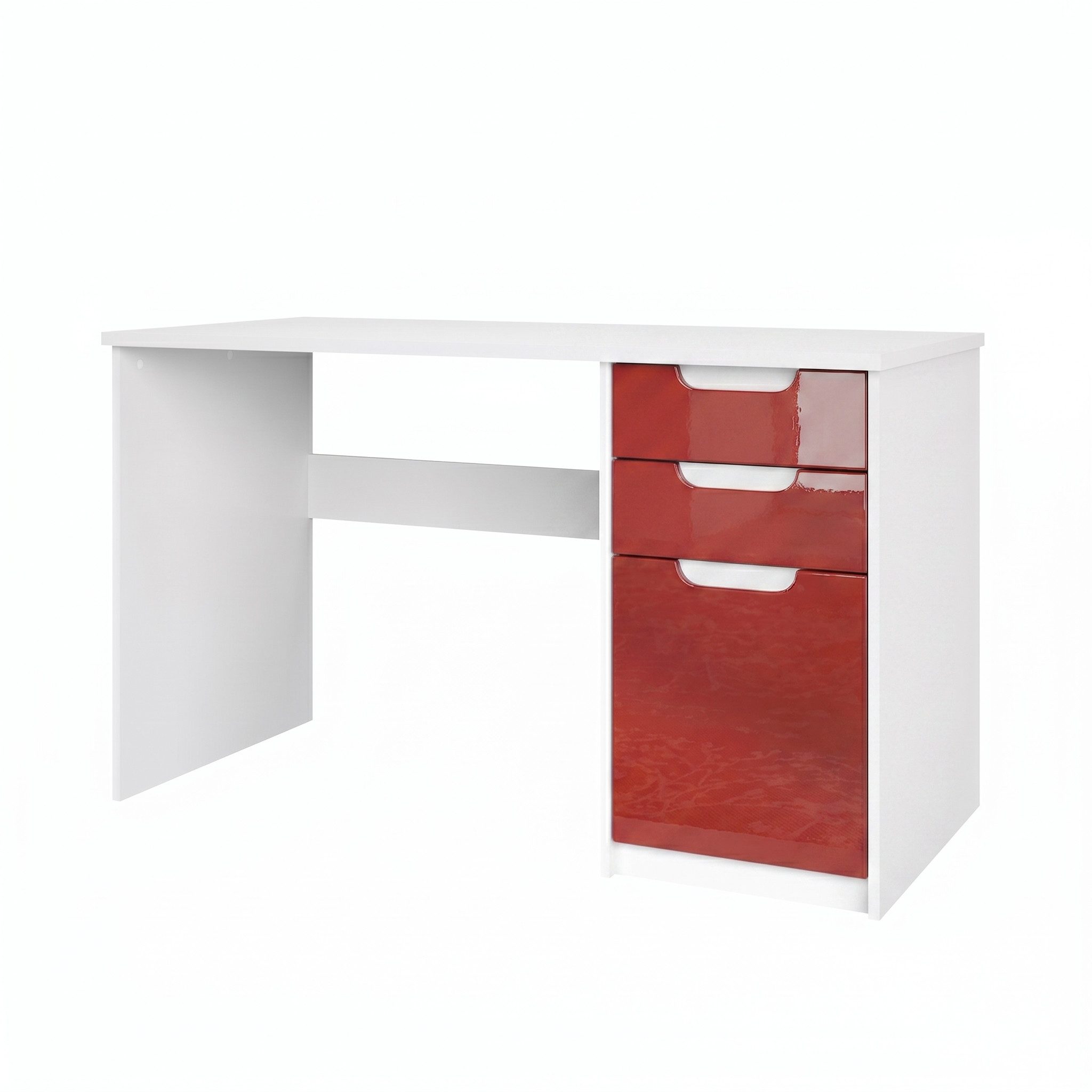 Vladon Schreibtisch Logan (Bürotisch, mit 2 Schubladen und 1 Tür), Weiß matt/Bordeaux Hochglanz (129 x 76 x 60 cm)